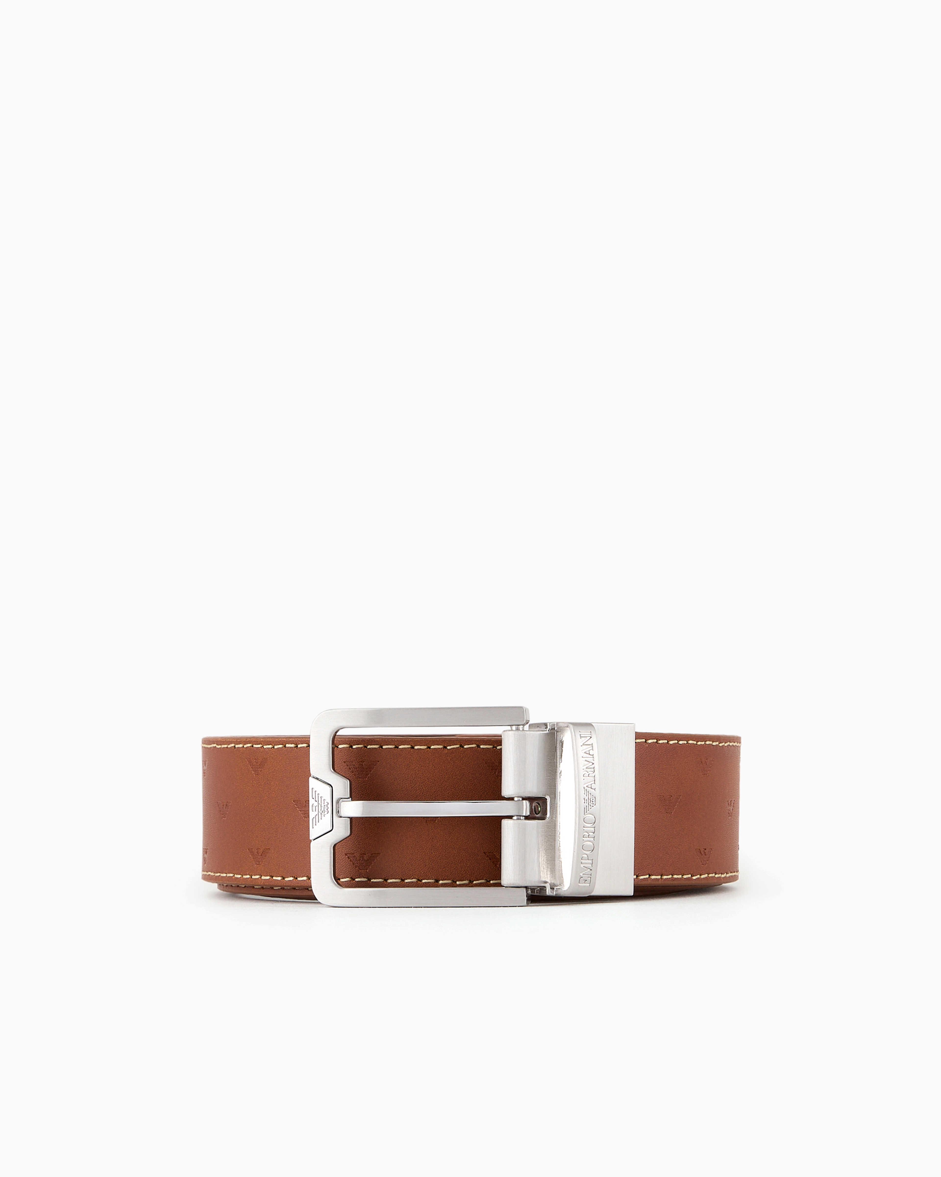 Emporio Armani Official Store Reversible Leather Belt With All-over Embossed Eagle In Brown