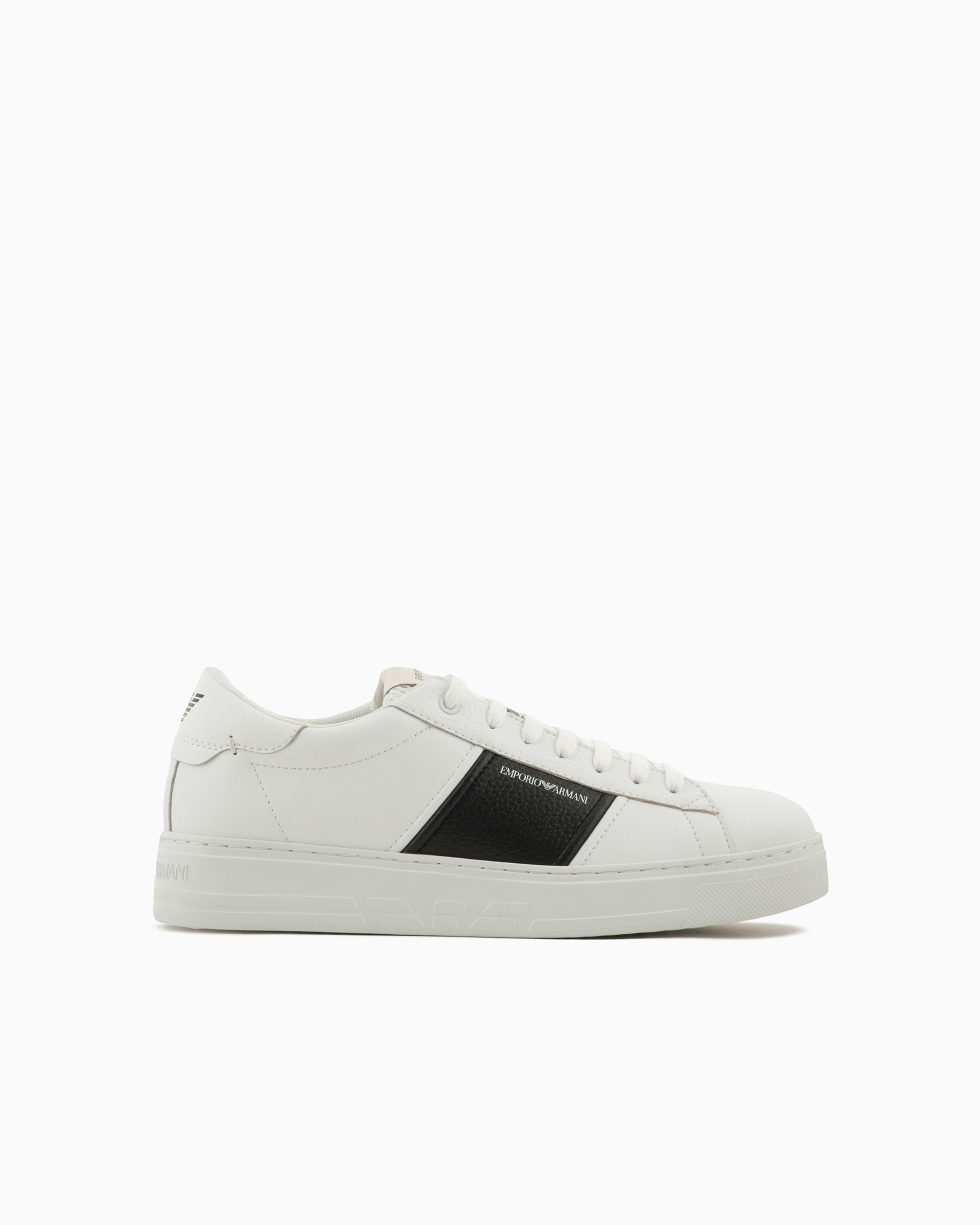 Emporio Armani Official Store Leather Sneakers With Logo Detail In Bianco E Nero