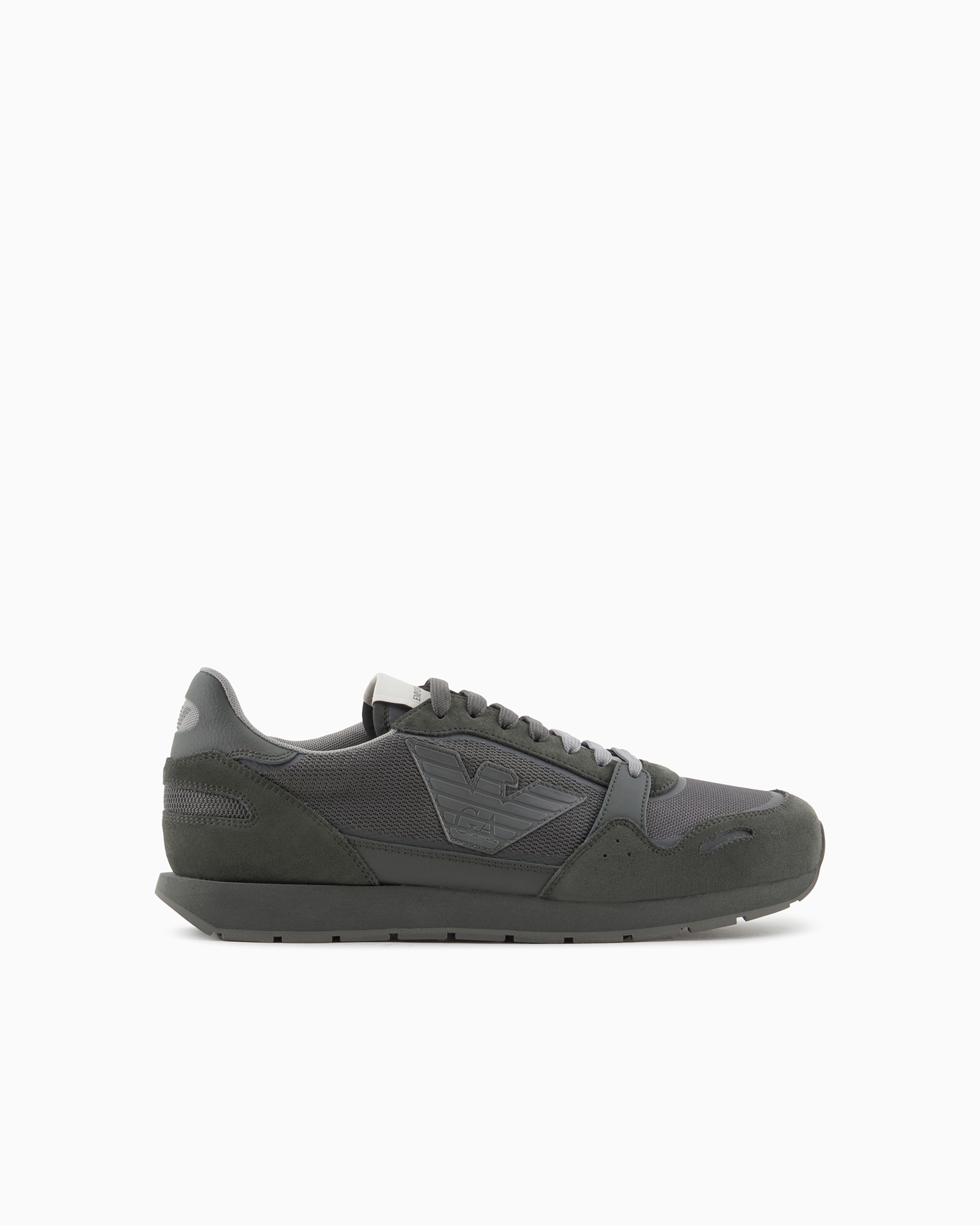 Emporio Armani Official Store Mesh Sneakers With Suede Details And Eagle Patch In Dark Green