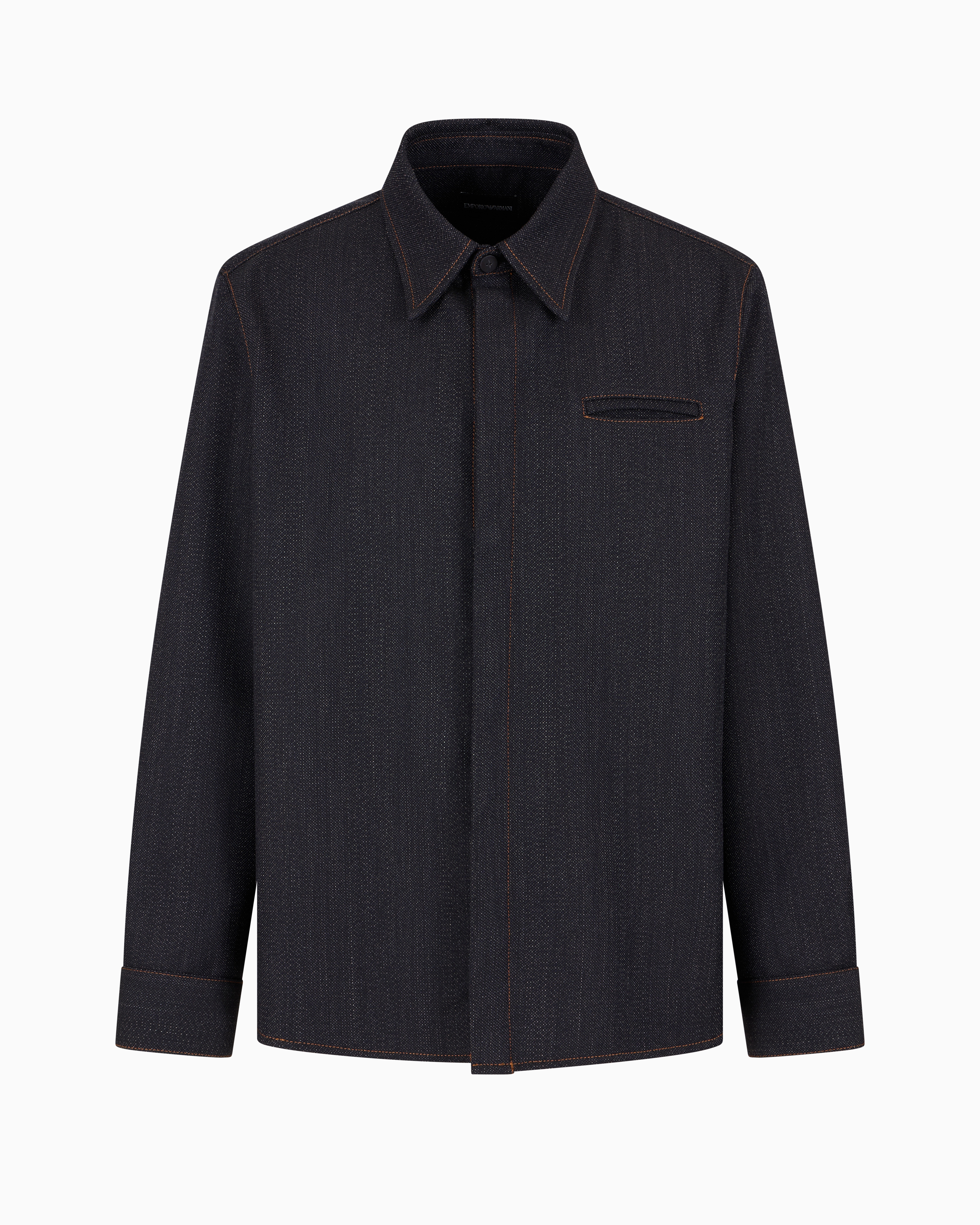 Emporio Armani Mouliné Wool-blend Shirt With Chevron Motif In Navy Blue
