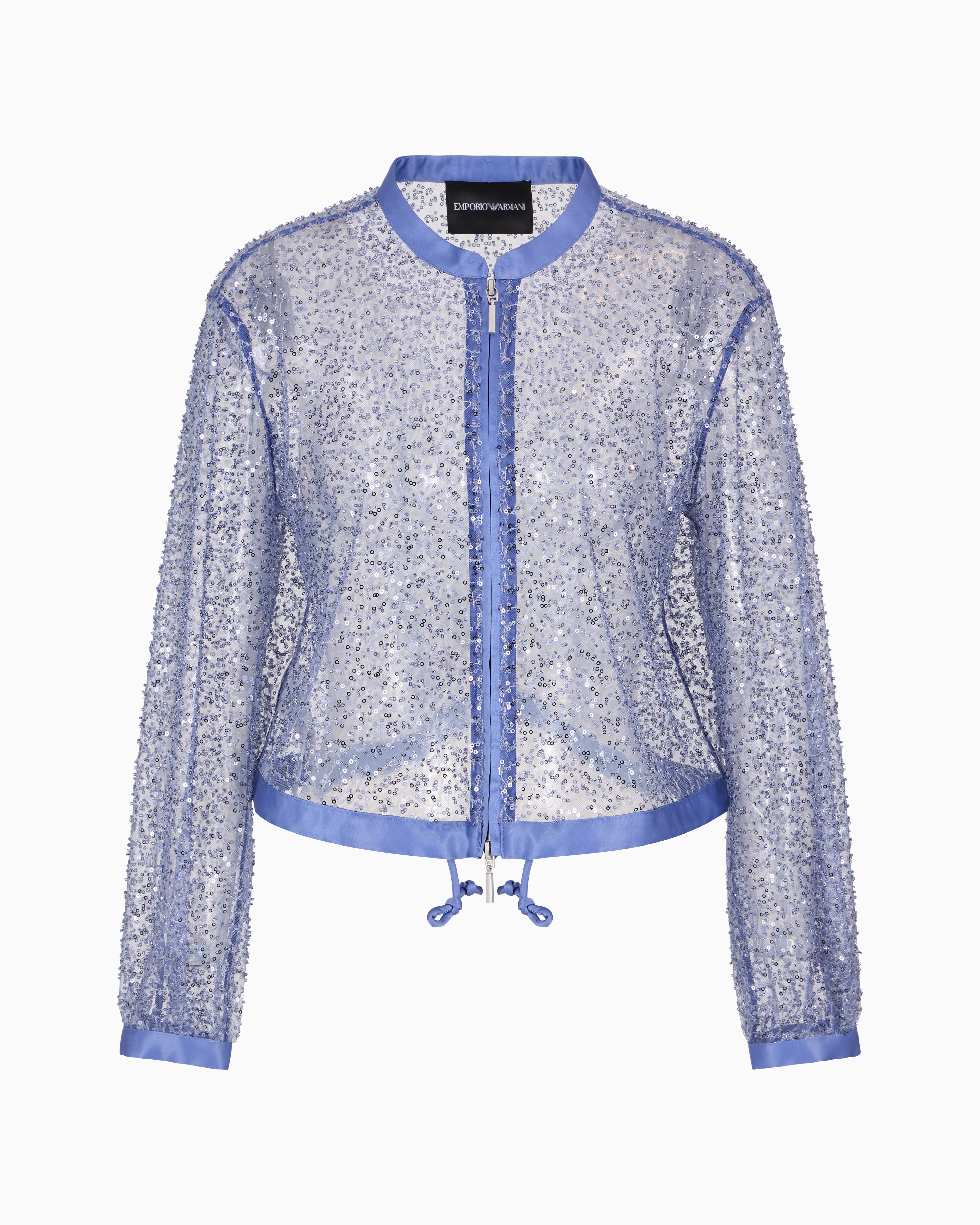 Zipped bolero in tulle with all-over micro-sequin and jet
