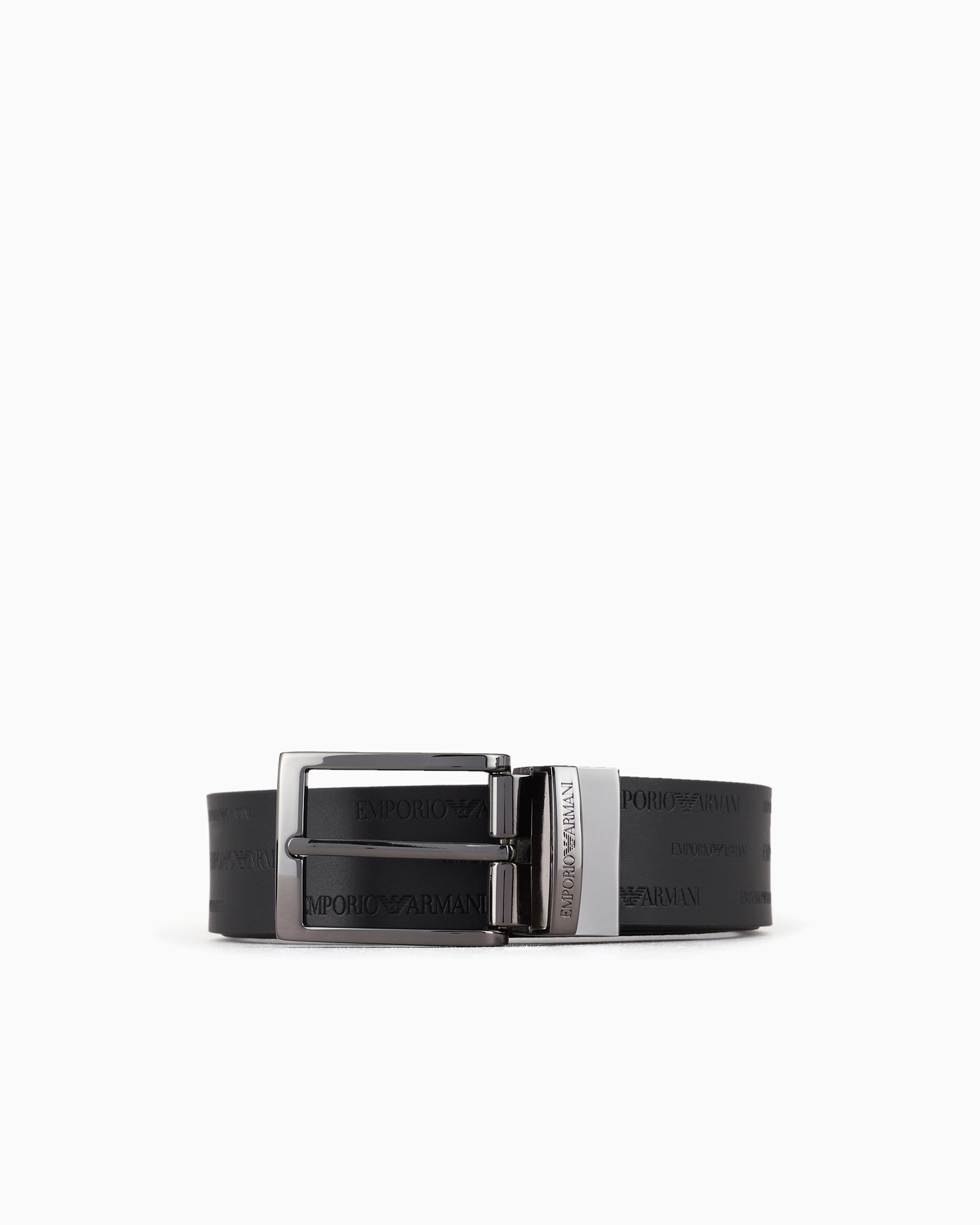 Emporio Armani Official Store Reversible Leather Belt With All-over Embossed Lettering In Gray