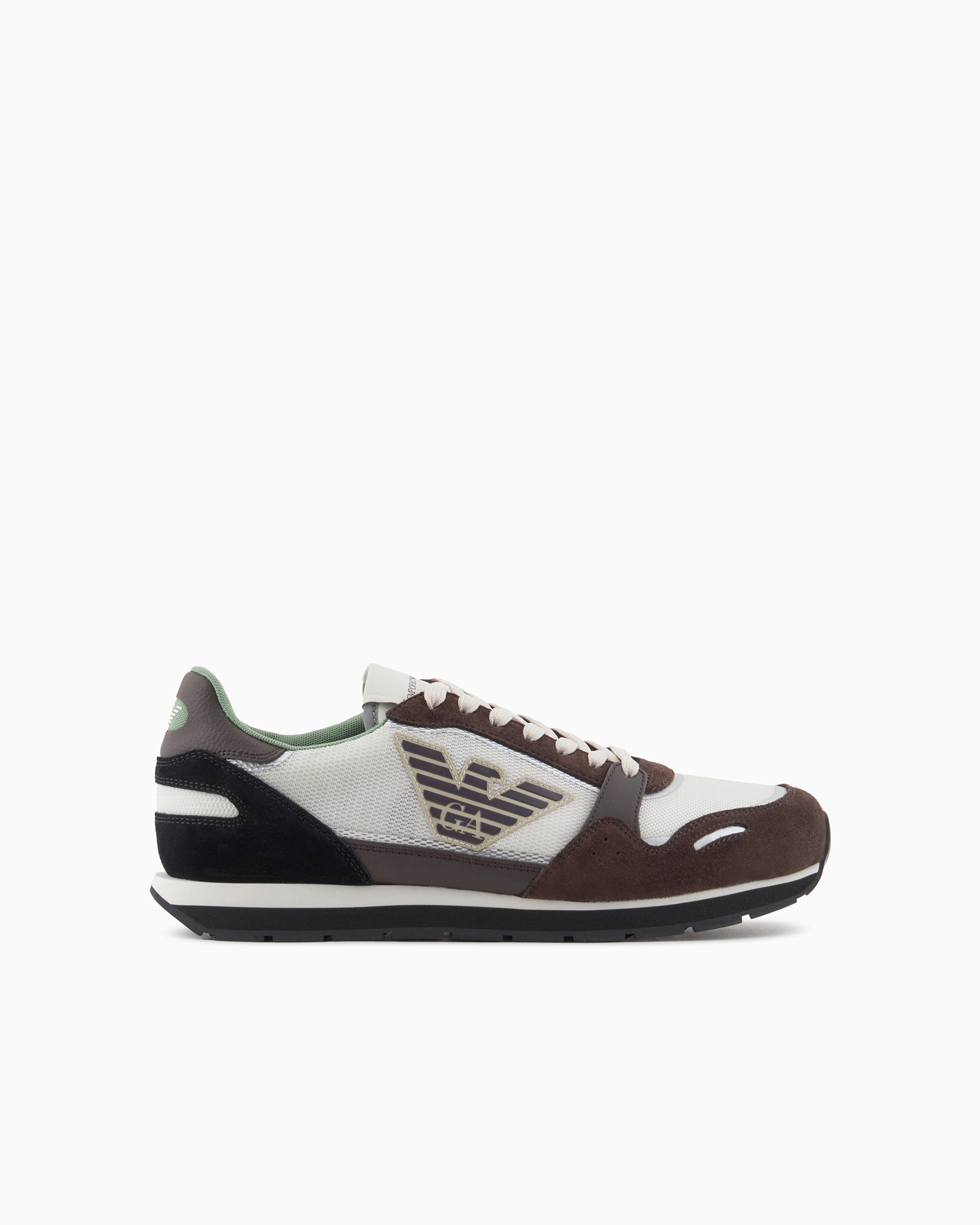 Emporio Armani Official Store Mesh Sneakers With Suede Details And Eagle Patch In Brown