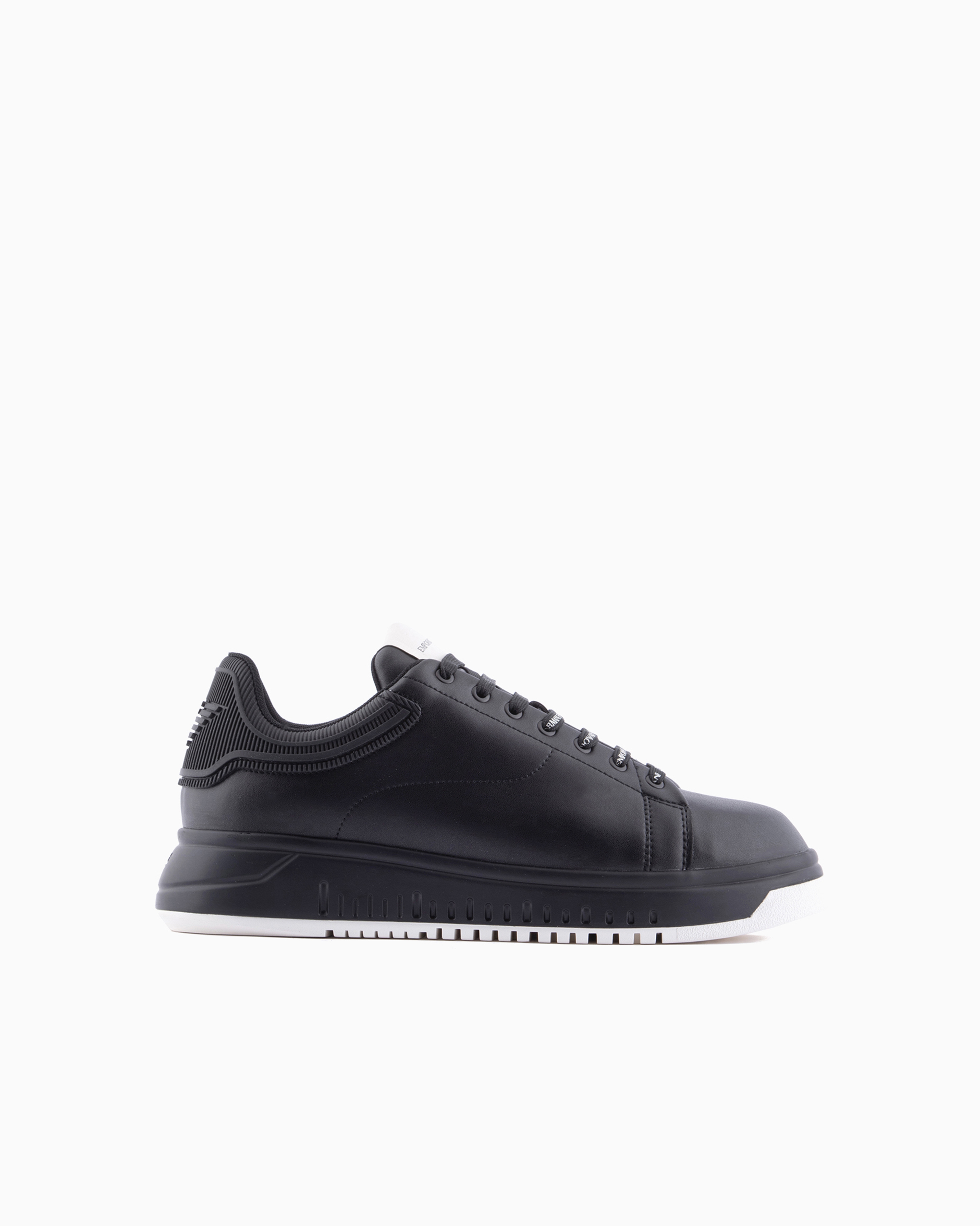 Shop Emporio Armani Leather Sneakers With Rubber Back Knurled Sole In Black