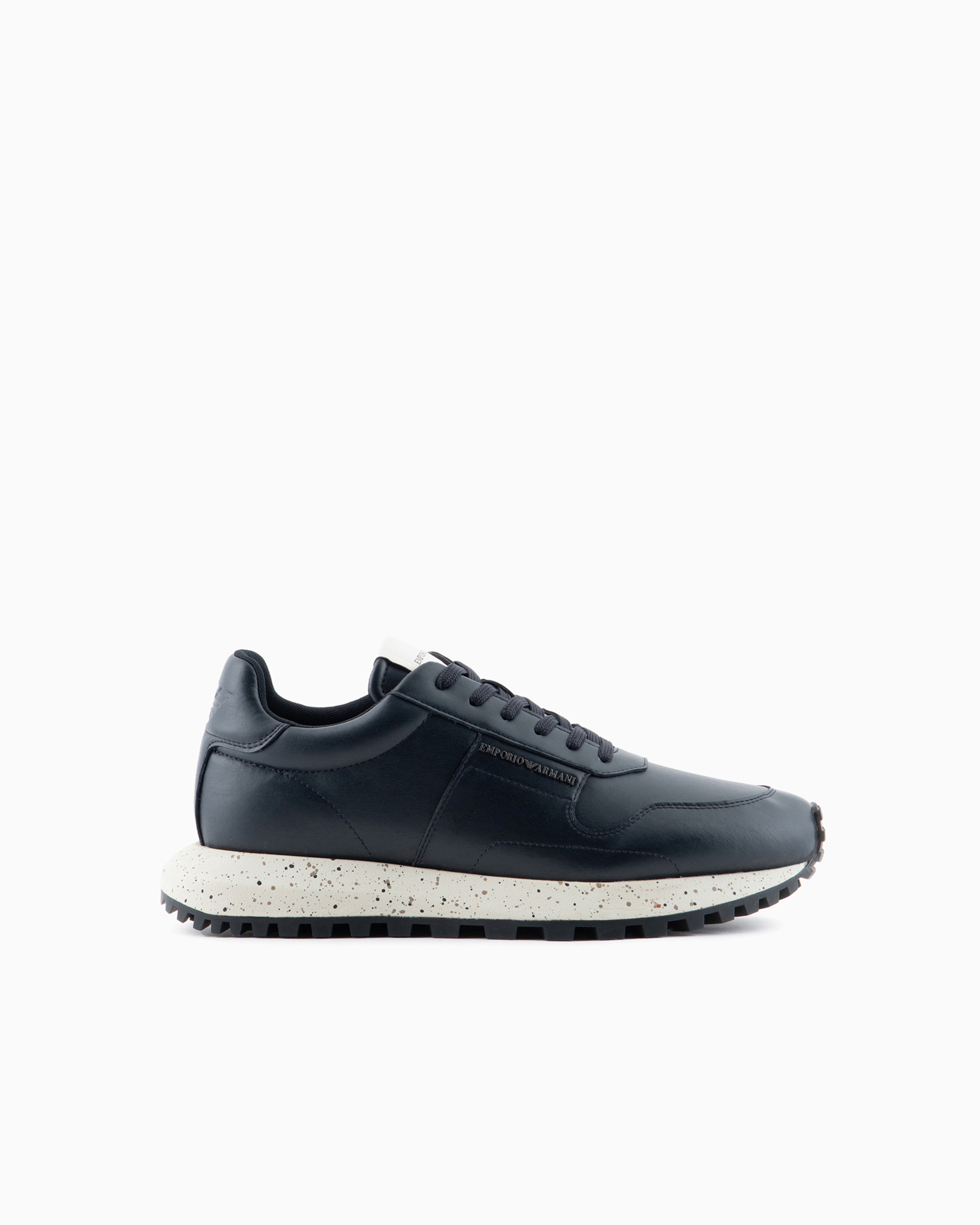 Shop Emporio Armani Asv Recycled Leather Sneakers In Navy Blue