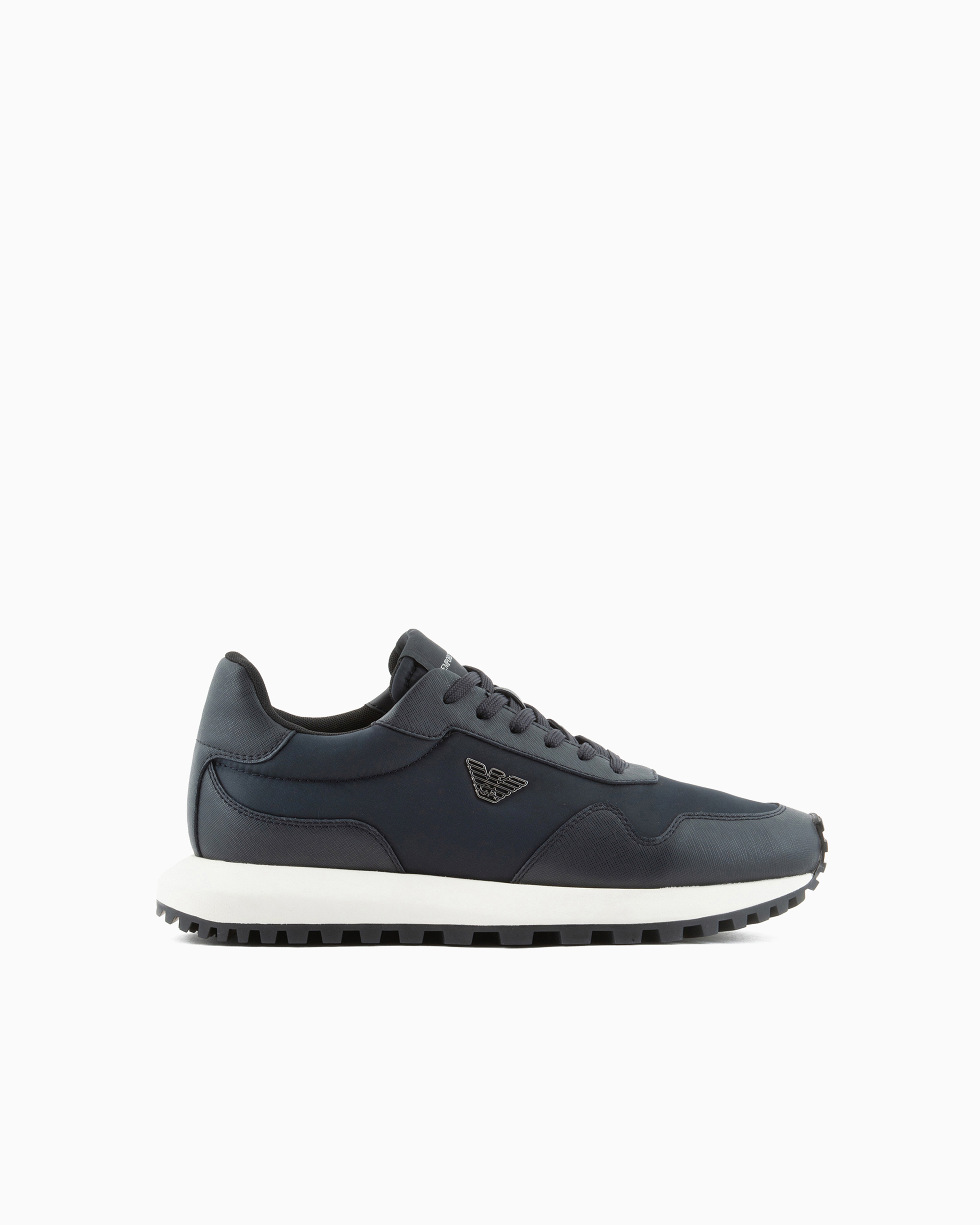 Emporio Armani Official Store Armani Sustainability Values Recycled Nylon Sneakers With Regenerated Saffiano Detail In Blue