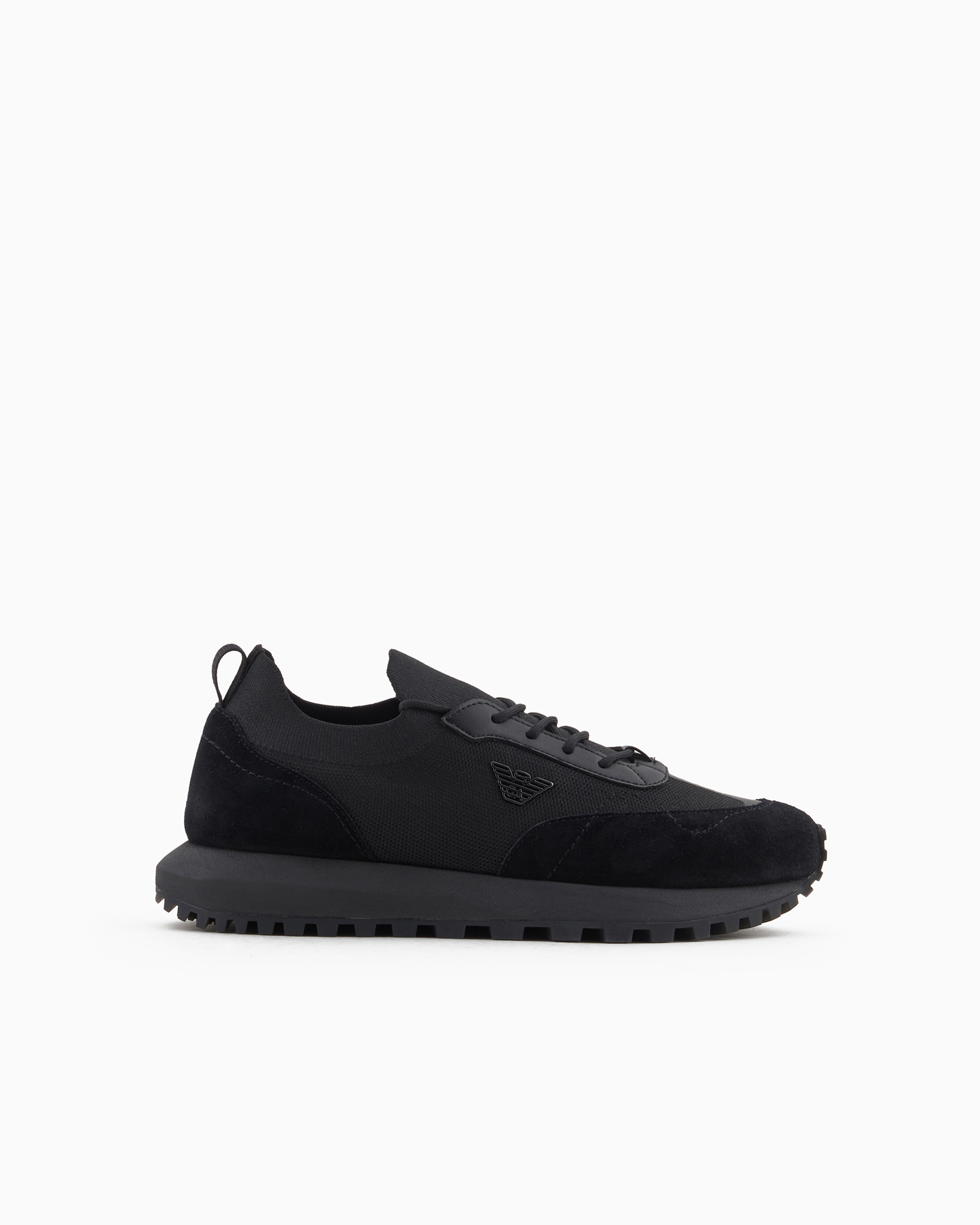 Emporio Armani Official Store Knit Sneakers With Suede Details In Deep Black