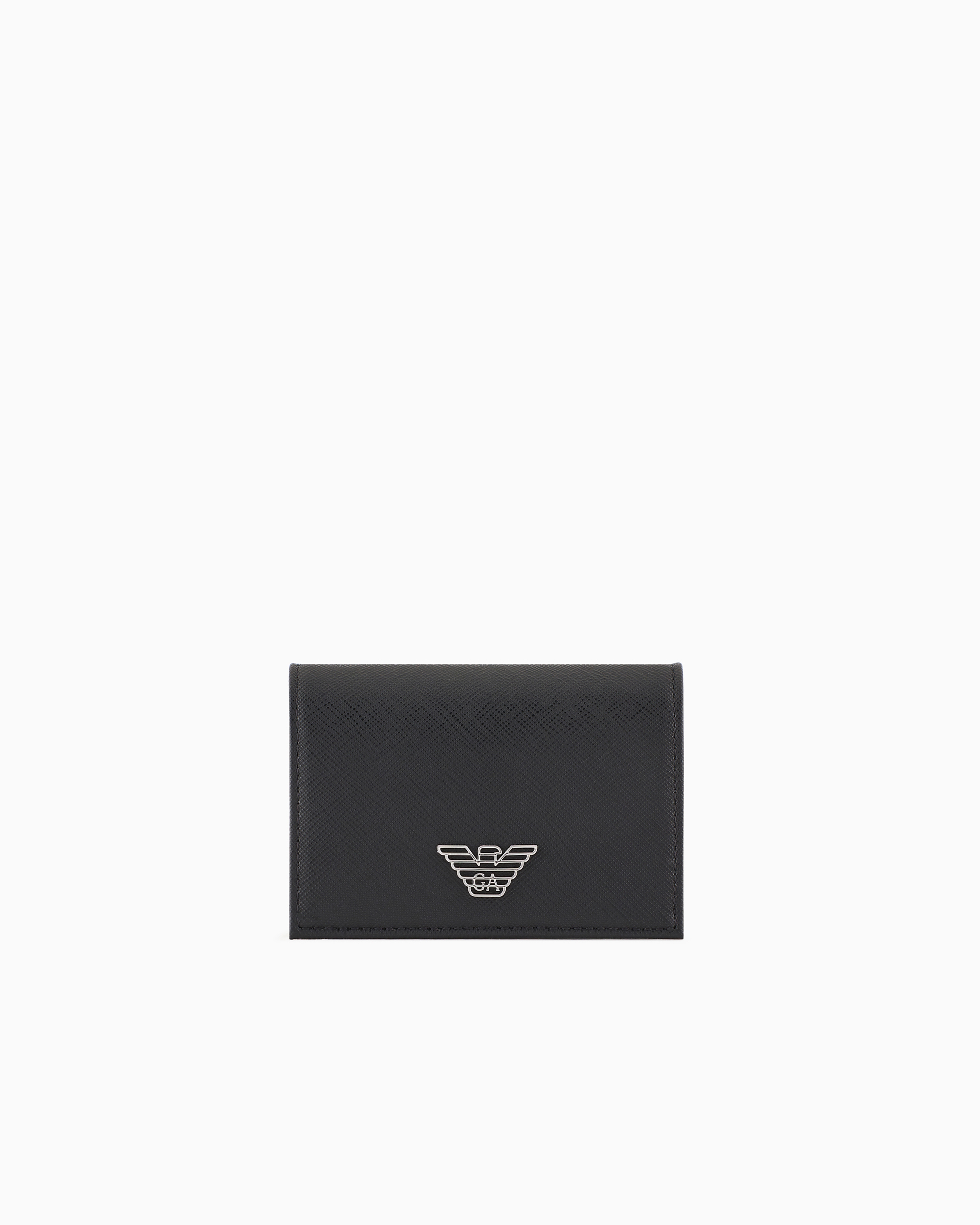 Emporio Armani Official Store Asv Regenerated Saffiano Leather Card Holder With Flap And Eagle Plate In Black