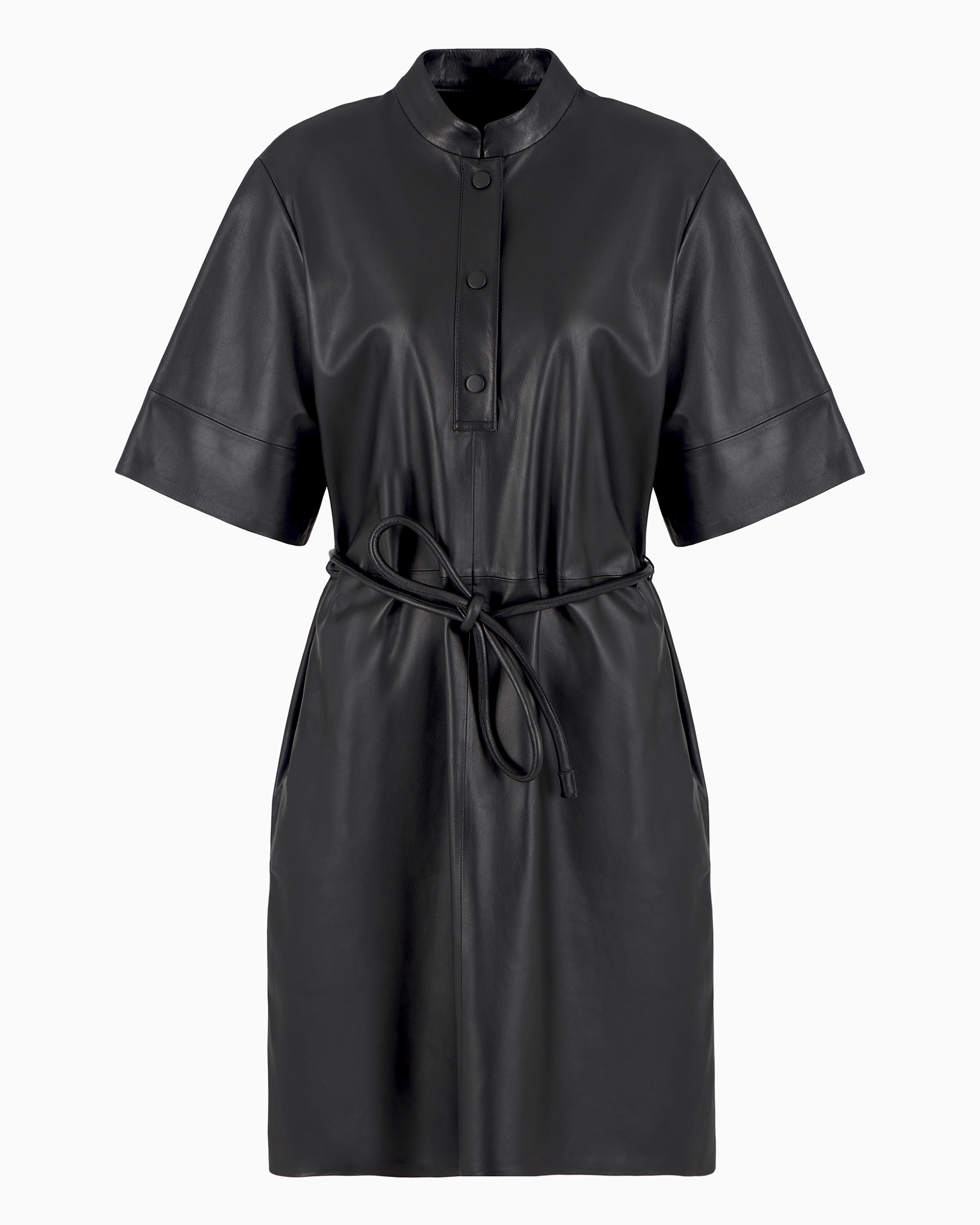 Emporio Armani Official Store Short-sleeved Dress In Semi-aniline Lambskin Nappa Leather With A Belt In Noir