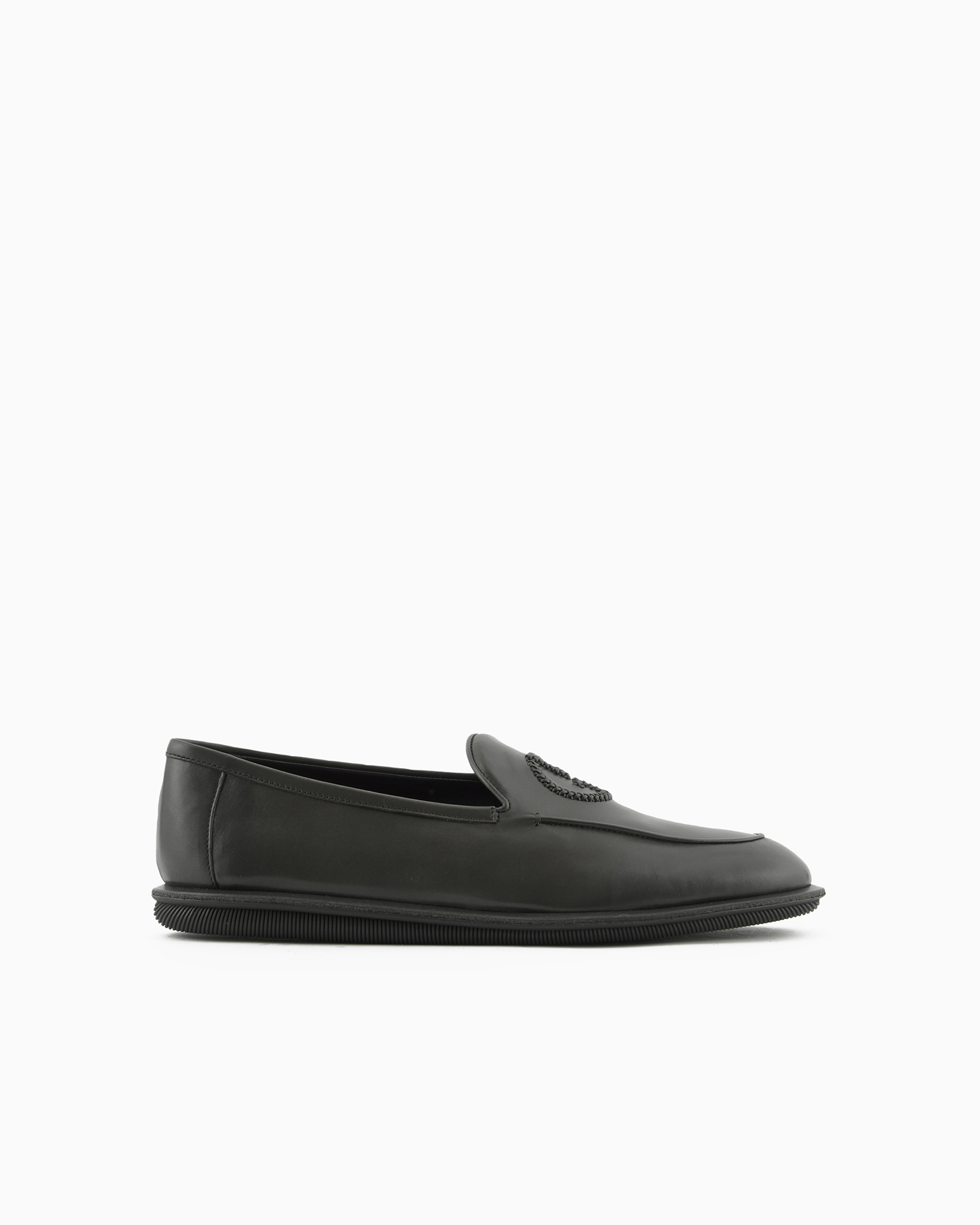 Giorgio Armani Official Store Vintage Nappa Leather Loafers With Embroidered Logo In Green