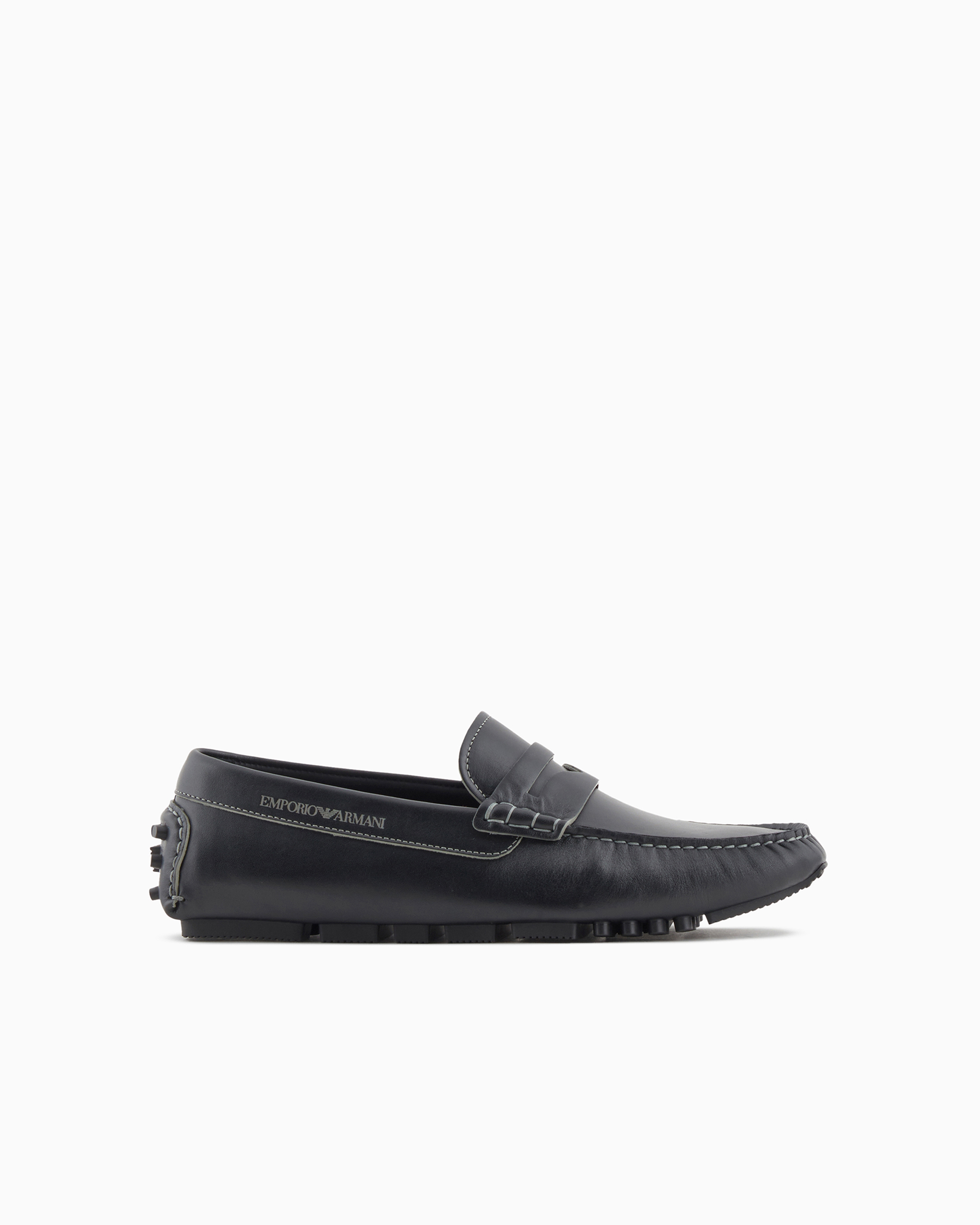 Emporio Armani Official Store Pebbled Leather Driving Loafers With Stirrup Bar In Black