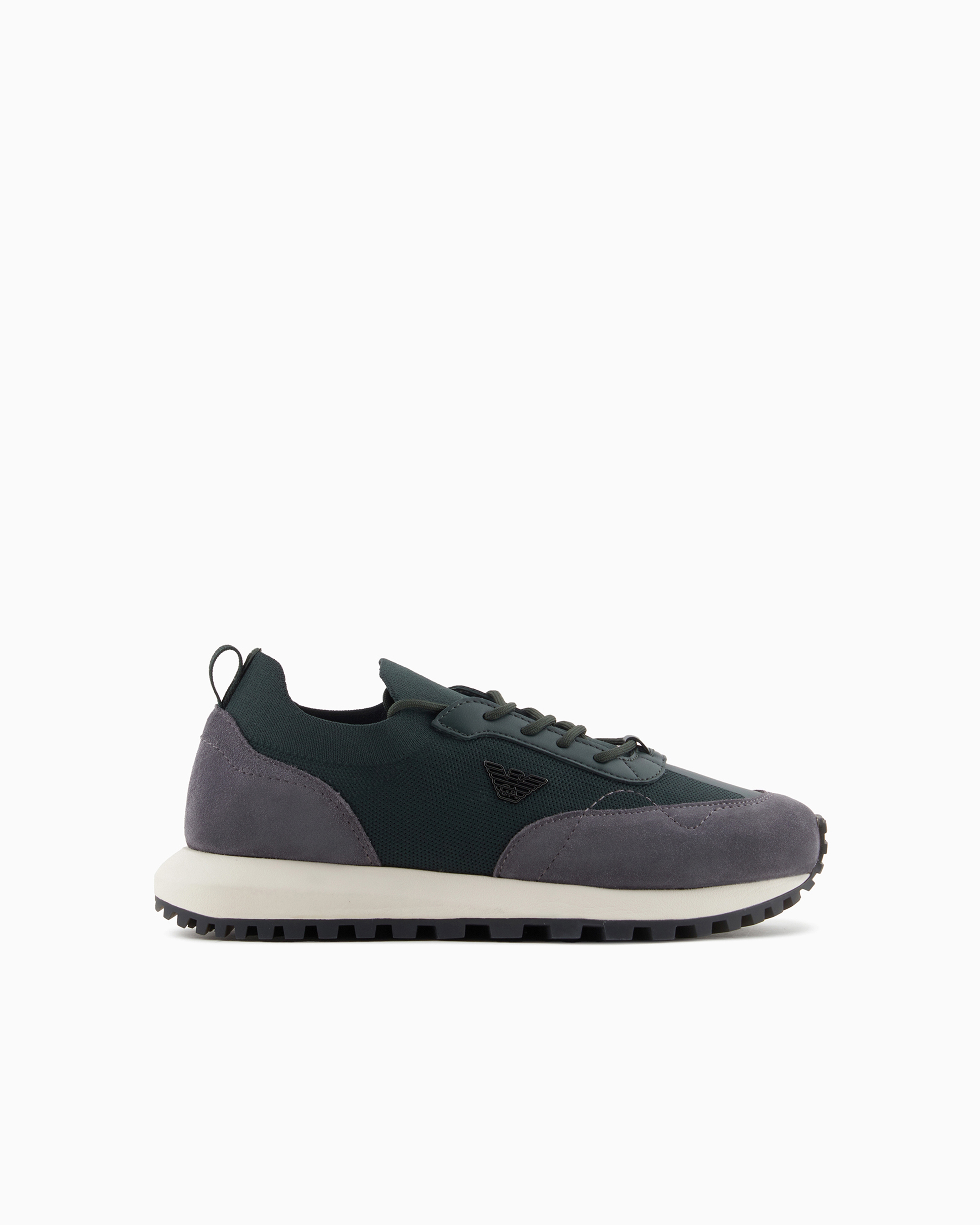 Emporio Armani Official Store Knit Sneakers With Suede Details In Verde Scuro 1