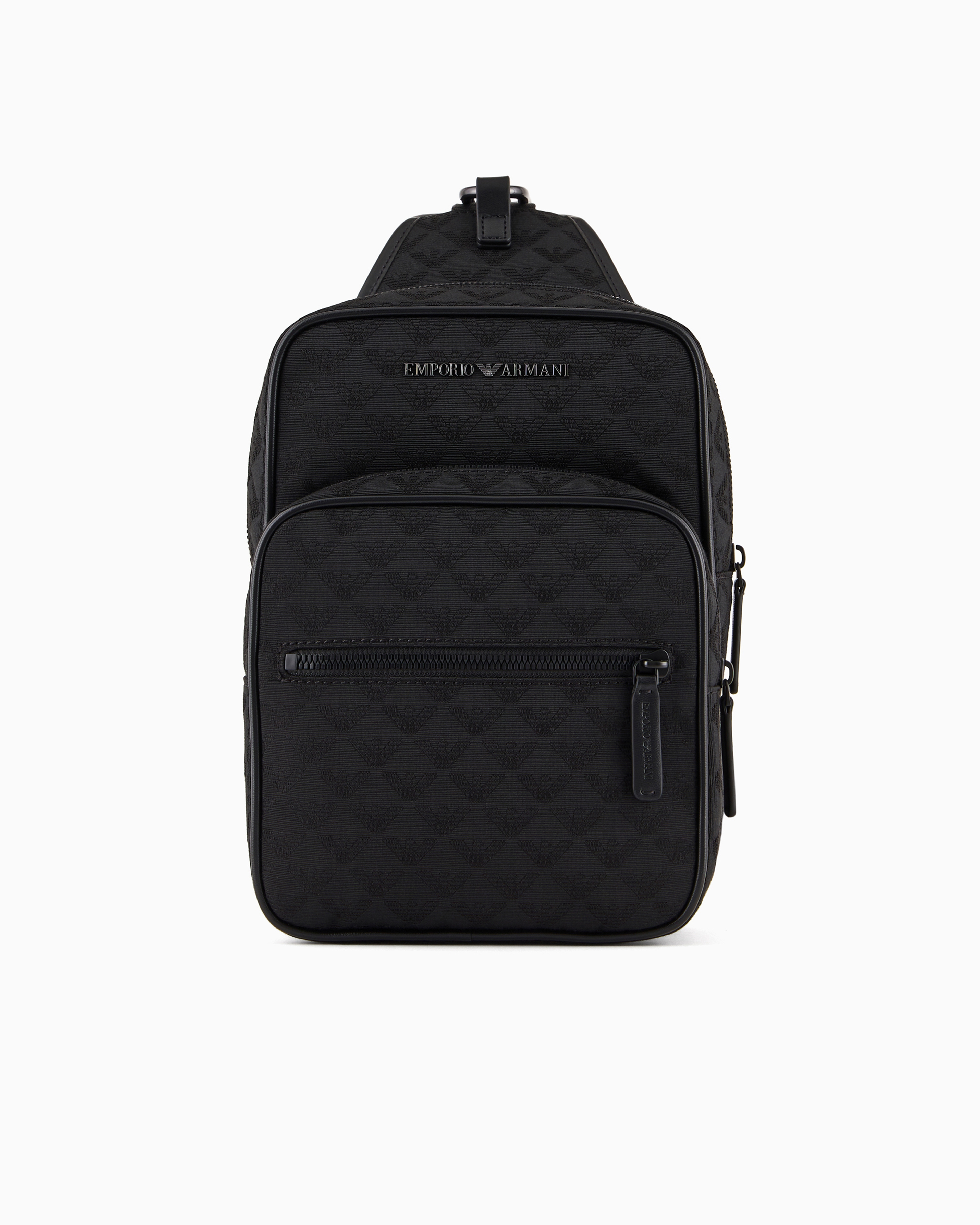 Emporio Armani Official Store Nylon One-shoulder Backpack With All-over Jacquard Eagle In Black