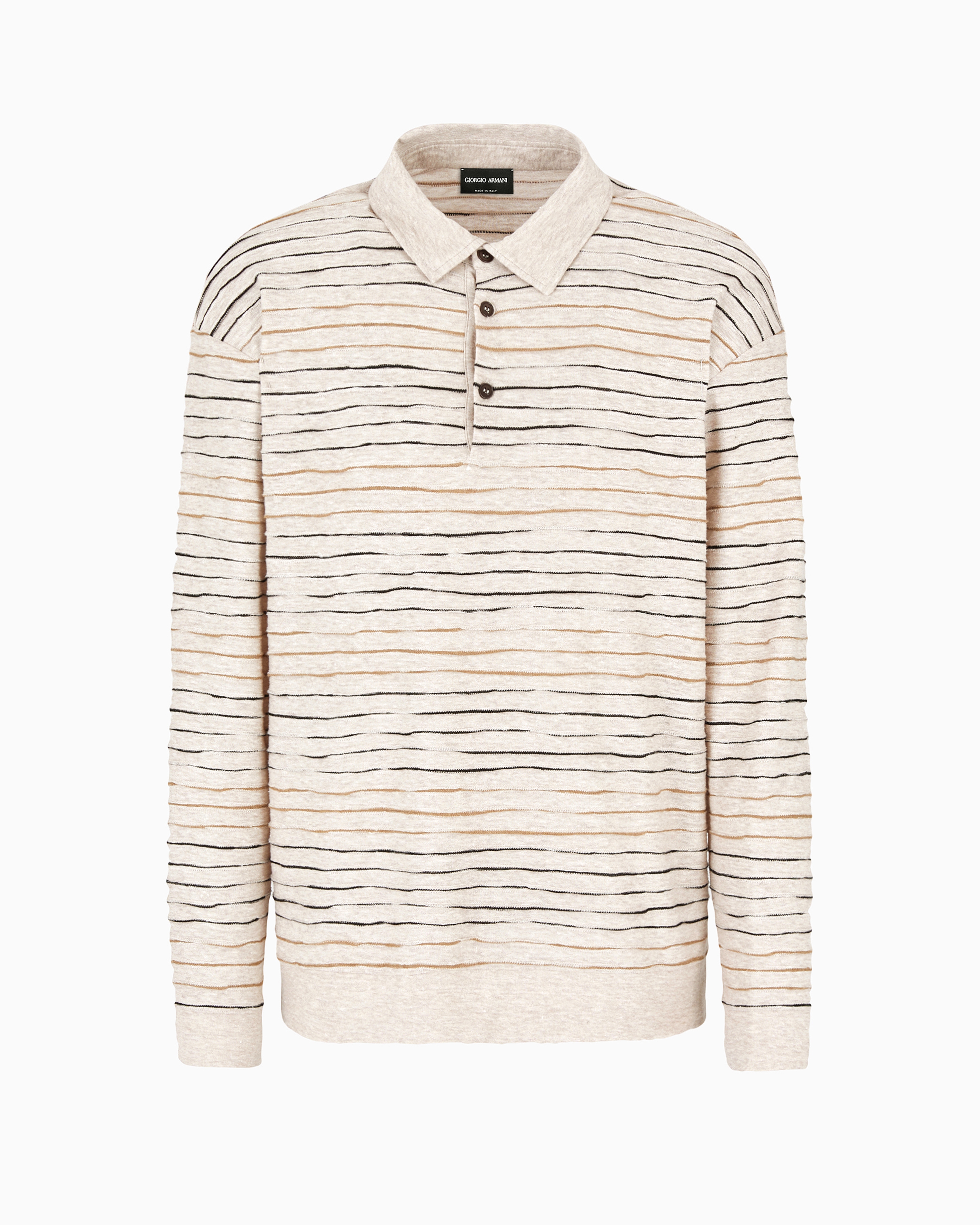 Shop Giorgio Armani Long-sleeved Polo Shirt In Linen, Cotton And Viscose Jersey Jacquard In Beige