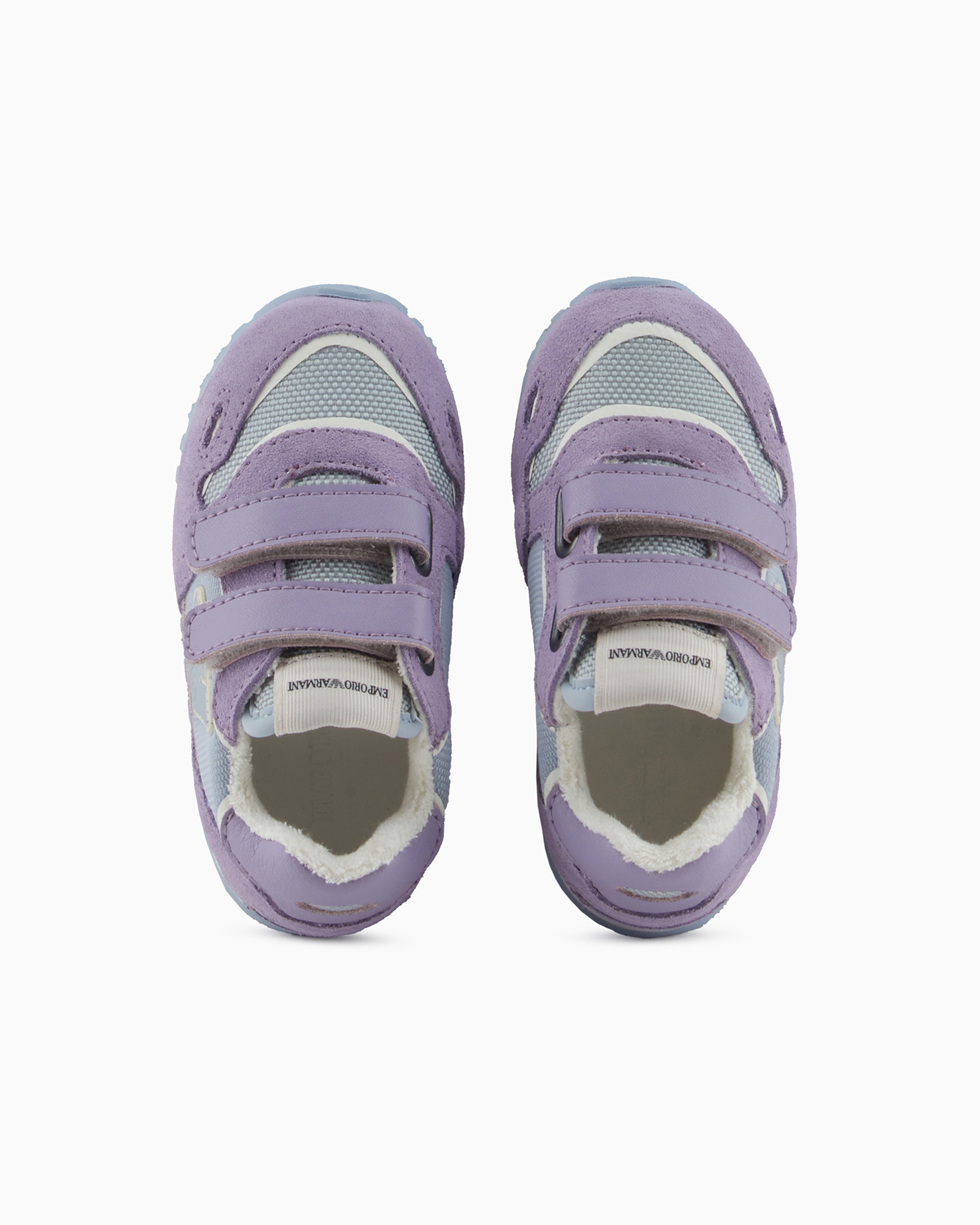 Emporio Armani Official Store Suede And Mesh Sneakers With Eagle And Velcro In Lilla