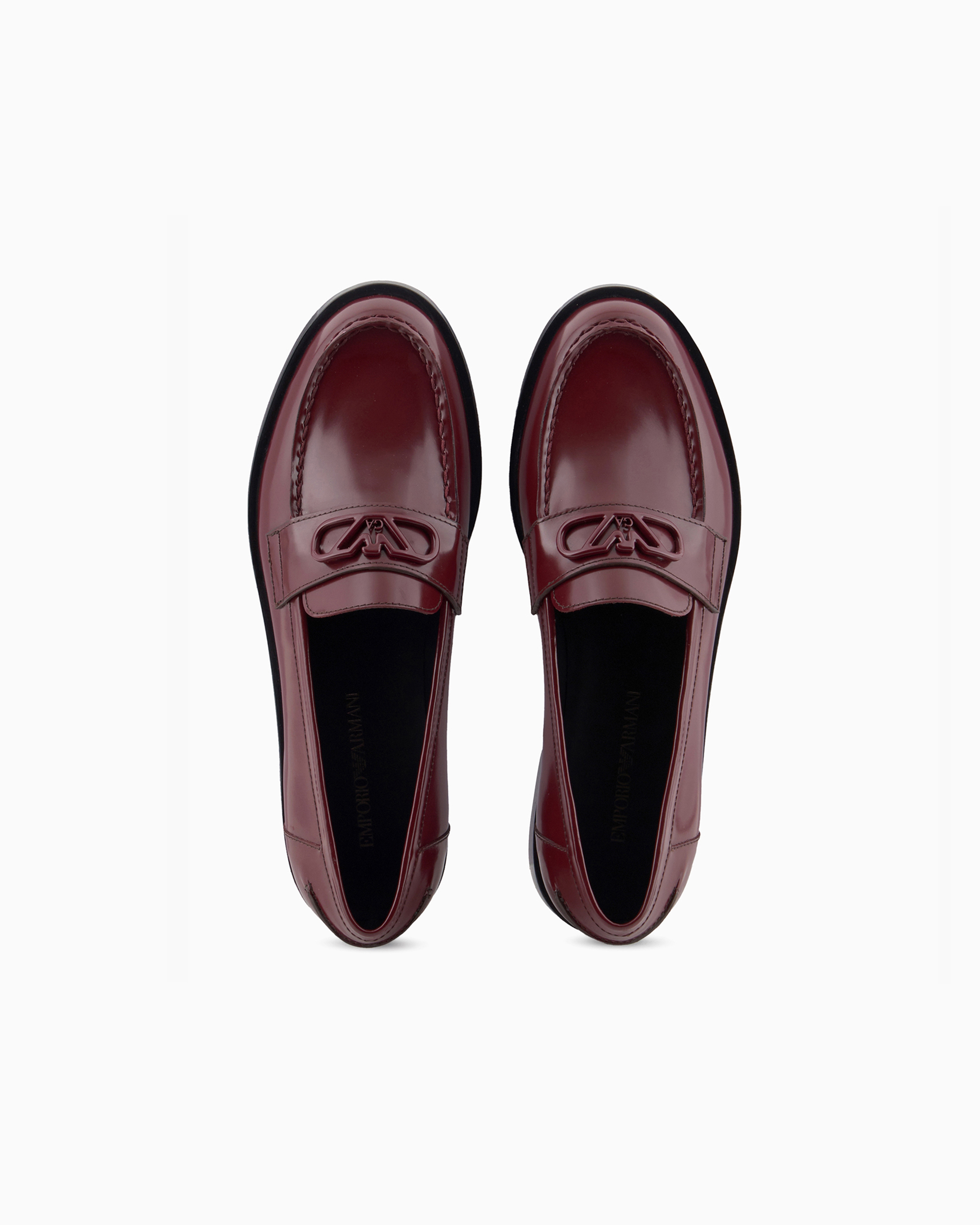 Emporio Armani Official Store Brushed Leather Loafers With Eagle Plate In Rouge