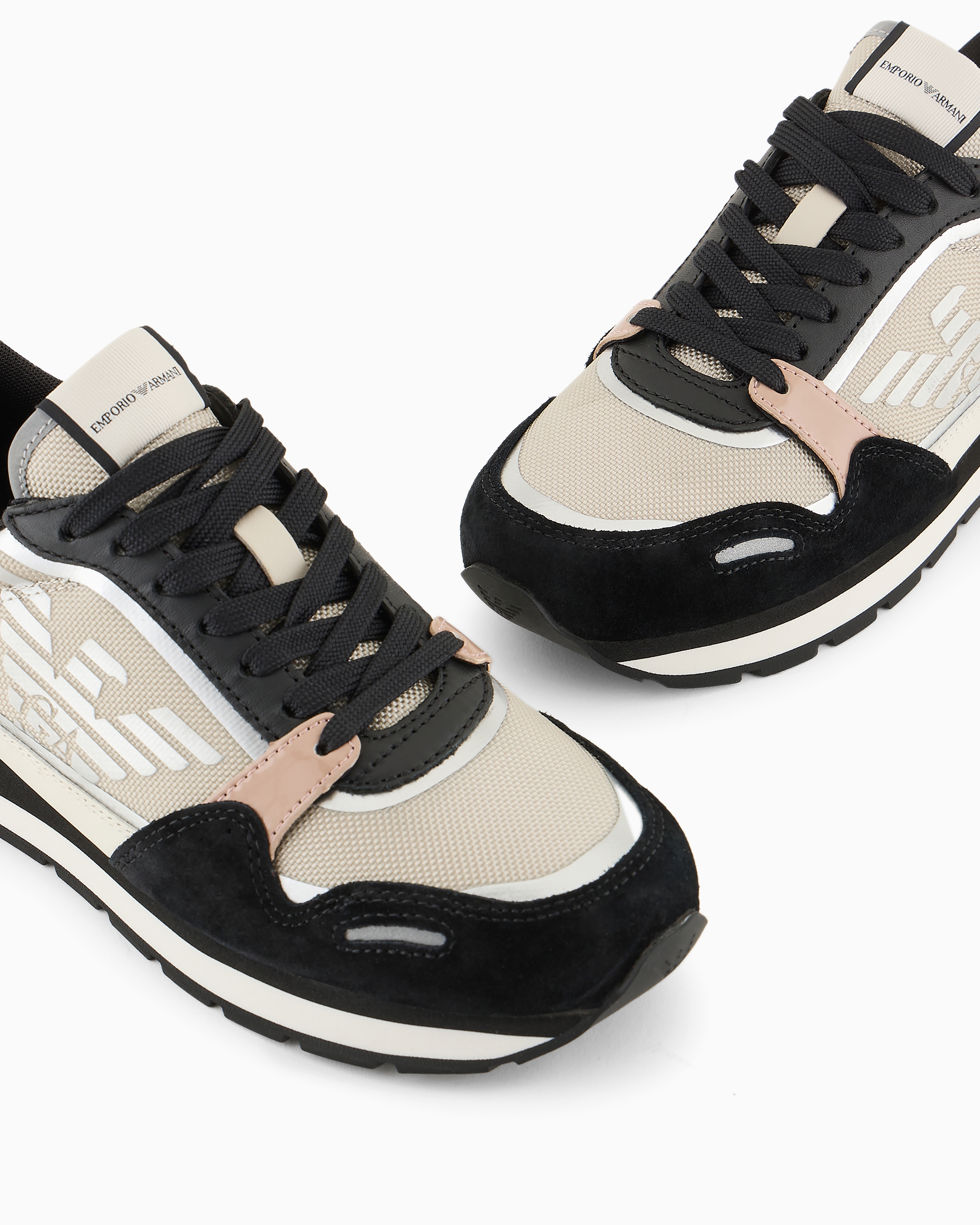 Emporio Armani Suede Sneakers With Reflective And Nylon Details In Black