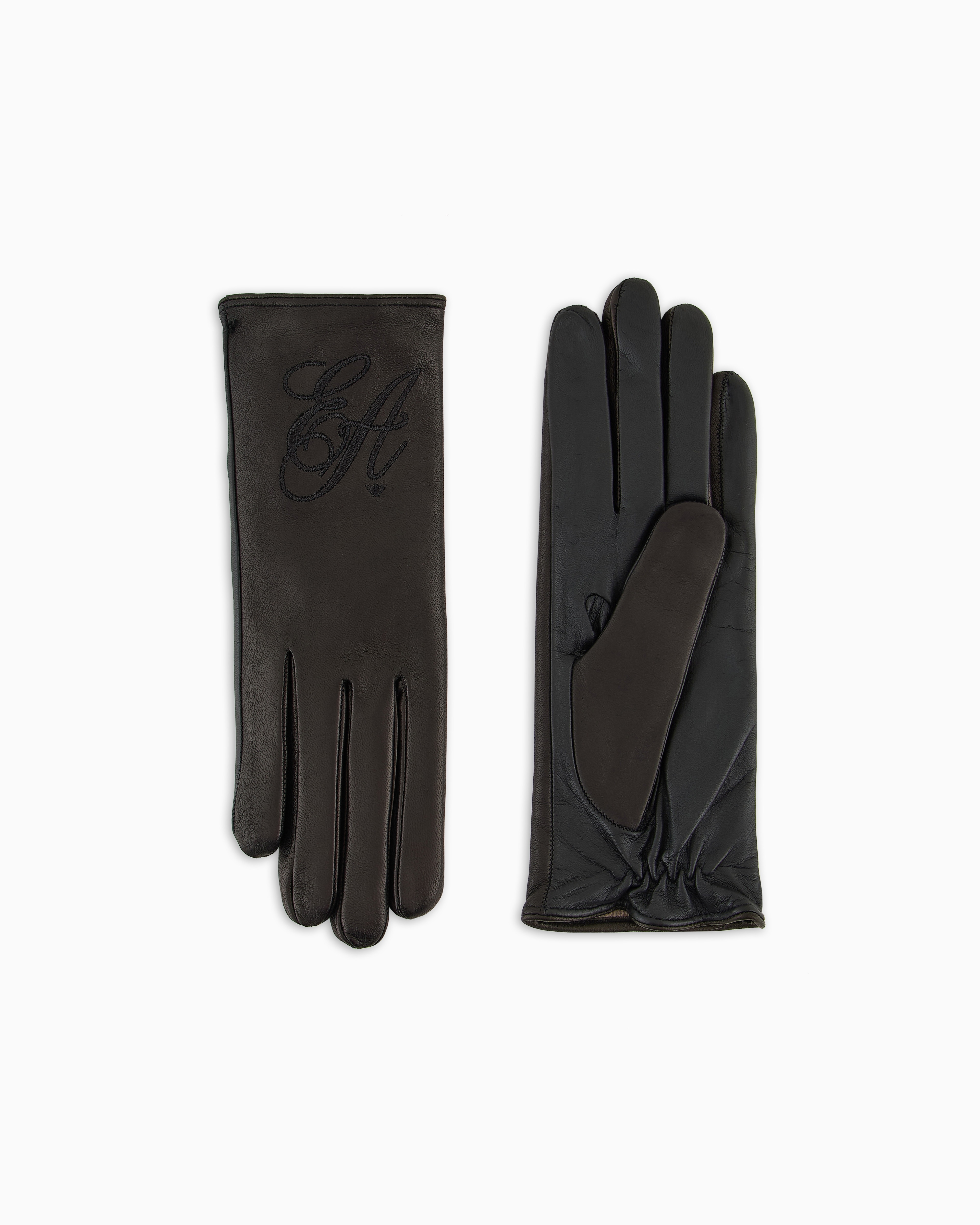 Emporio Armani Nappa-leather Touch-screen Gloves With Ea Signature Logo Embroidery In Brown