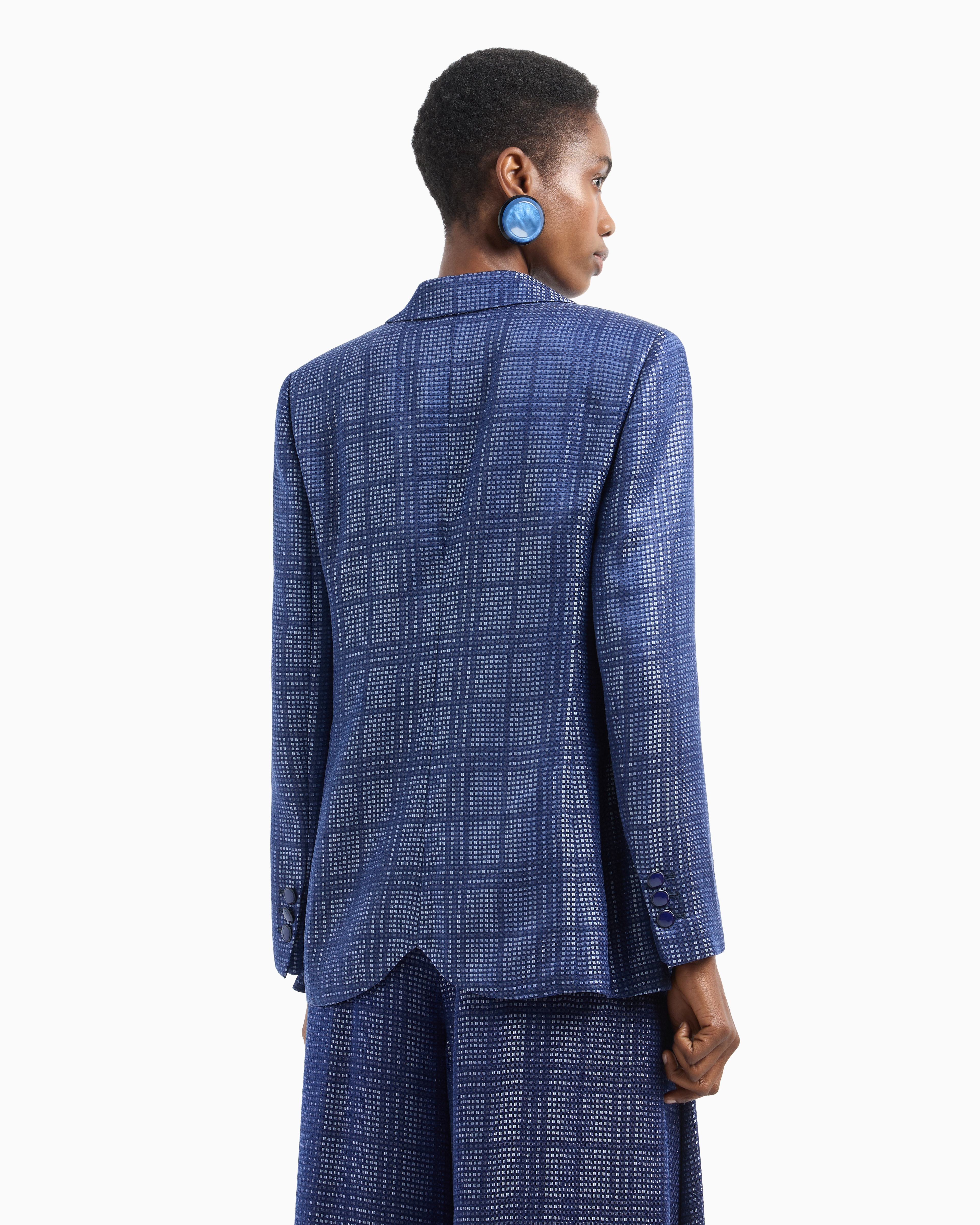 Emporio Armani Cupro-blend Single-breasted Blazer With Check Motif In Blue