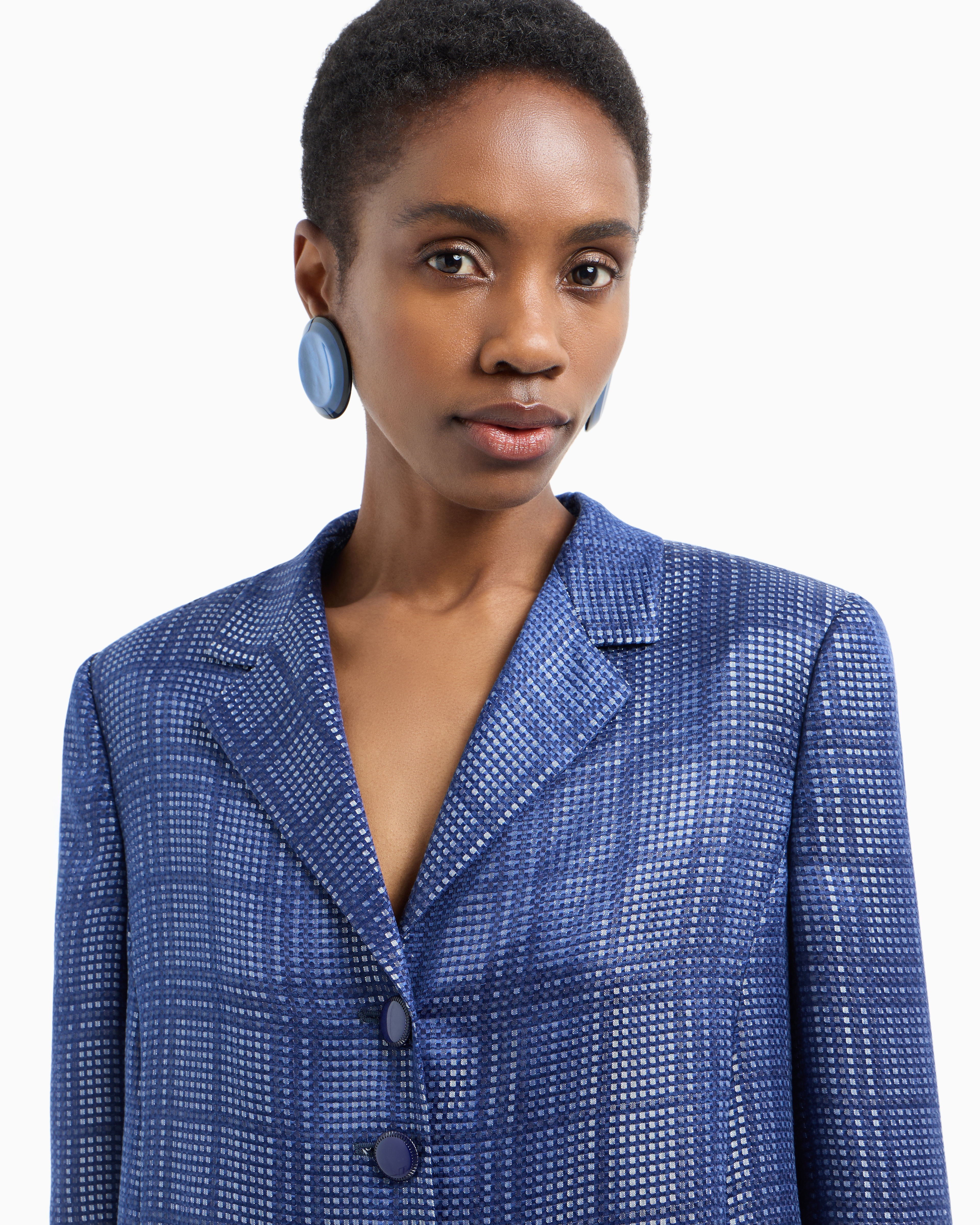 Emporio Armani Cupro-blend Single-breasted Blazer With Check Motif In Blue