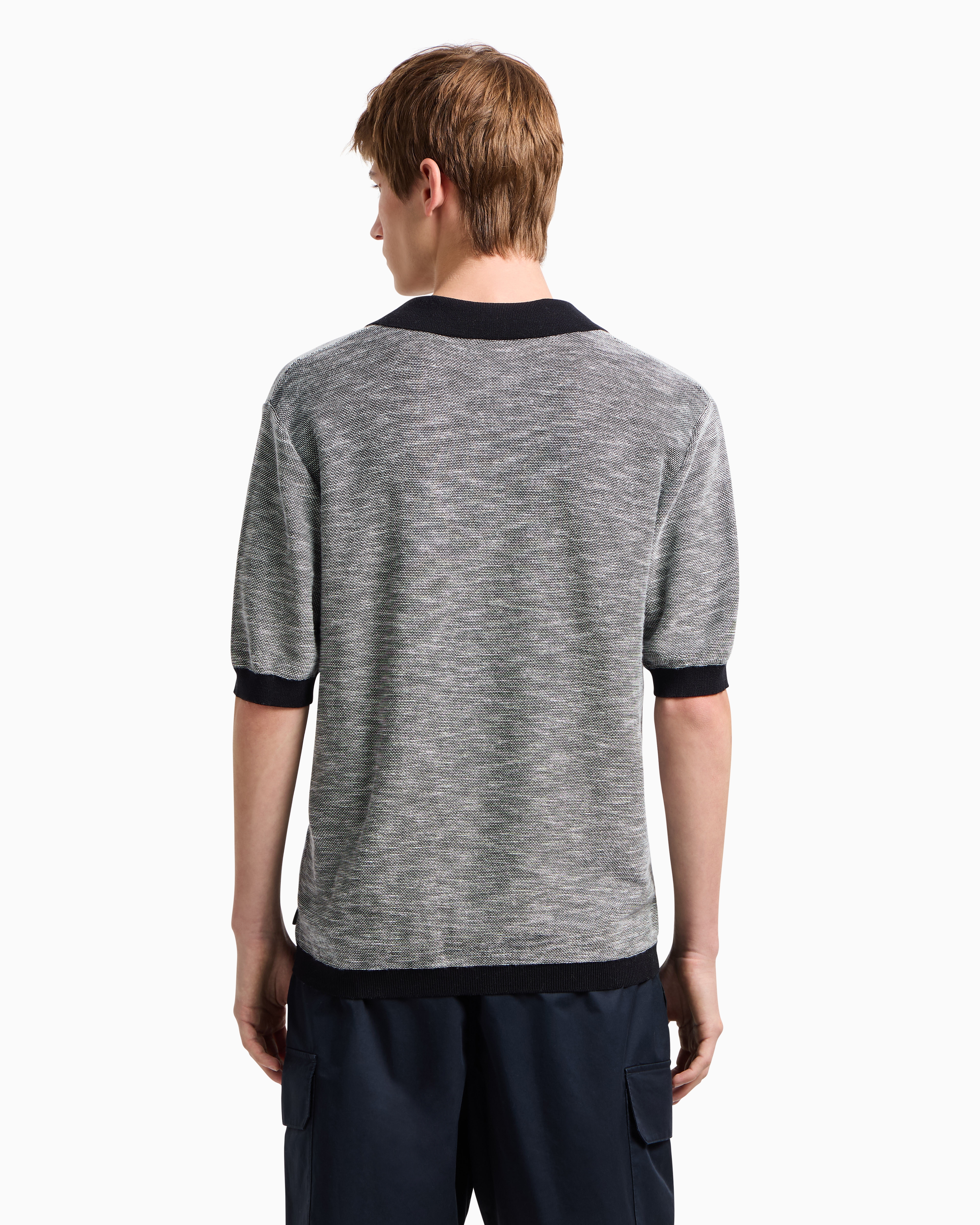 Armani Exchange Short-sleeved Knitted Polo In Melange Cotton In Blue