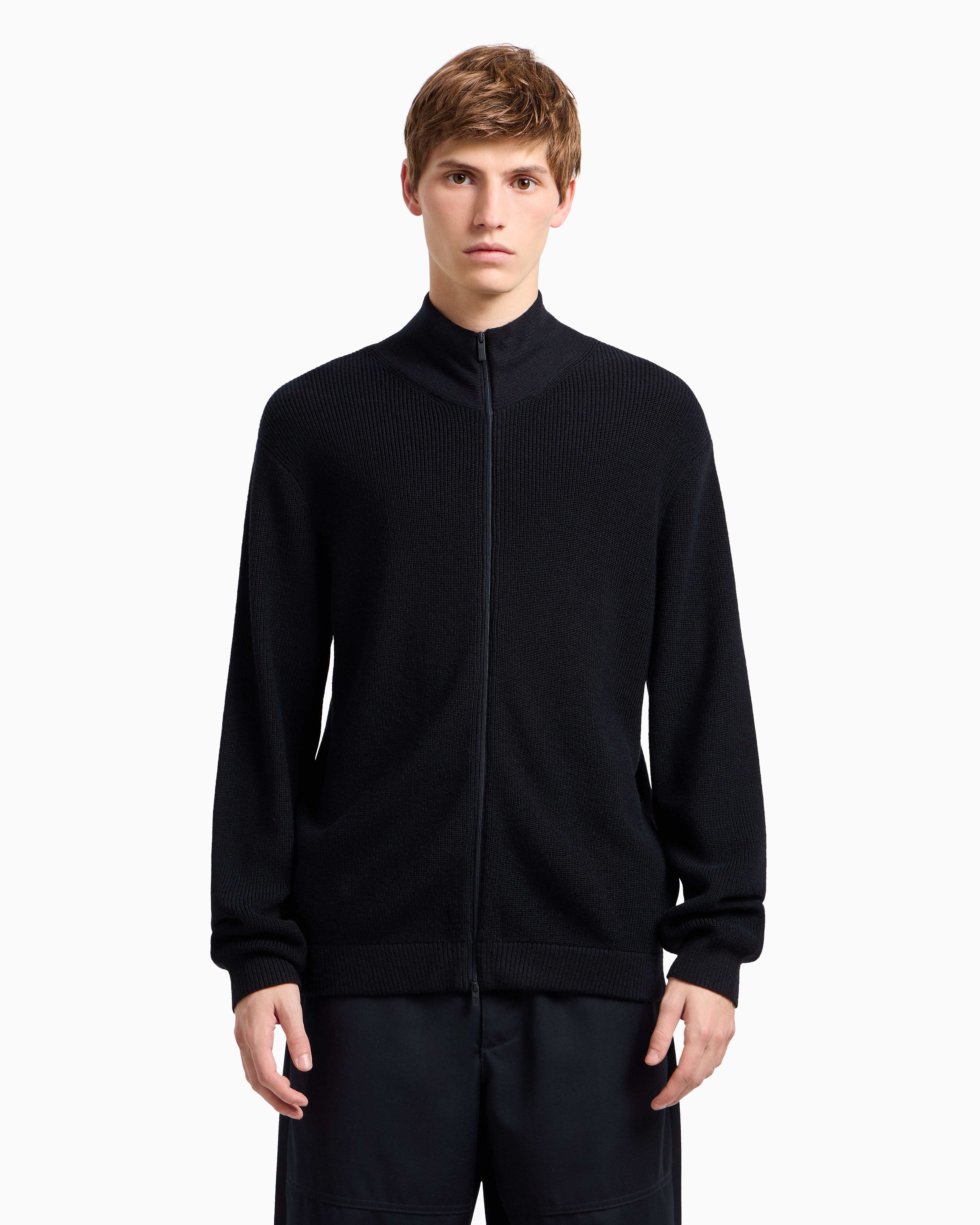 Armani Exchange Full Zip Cardigan In Cotton And Wool Blend With Ribs In Navy Blue