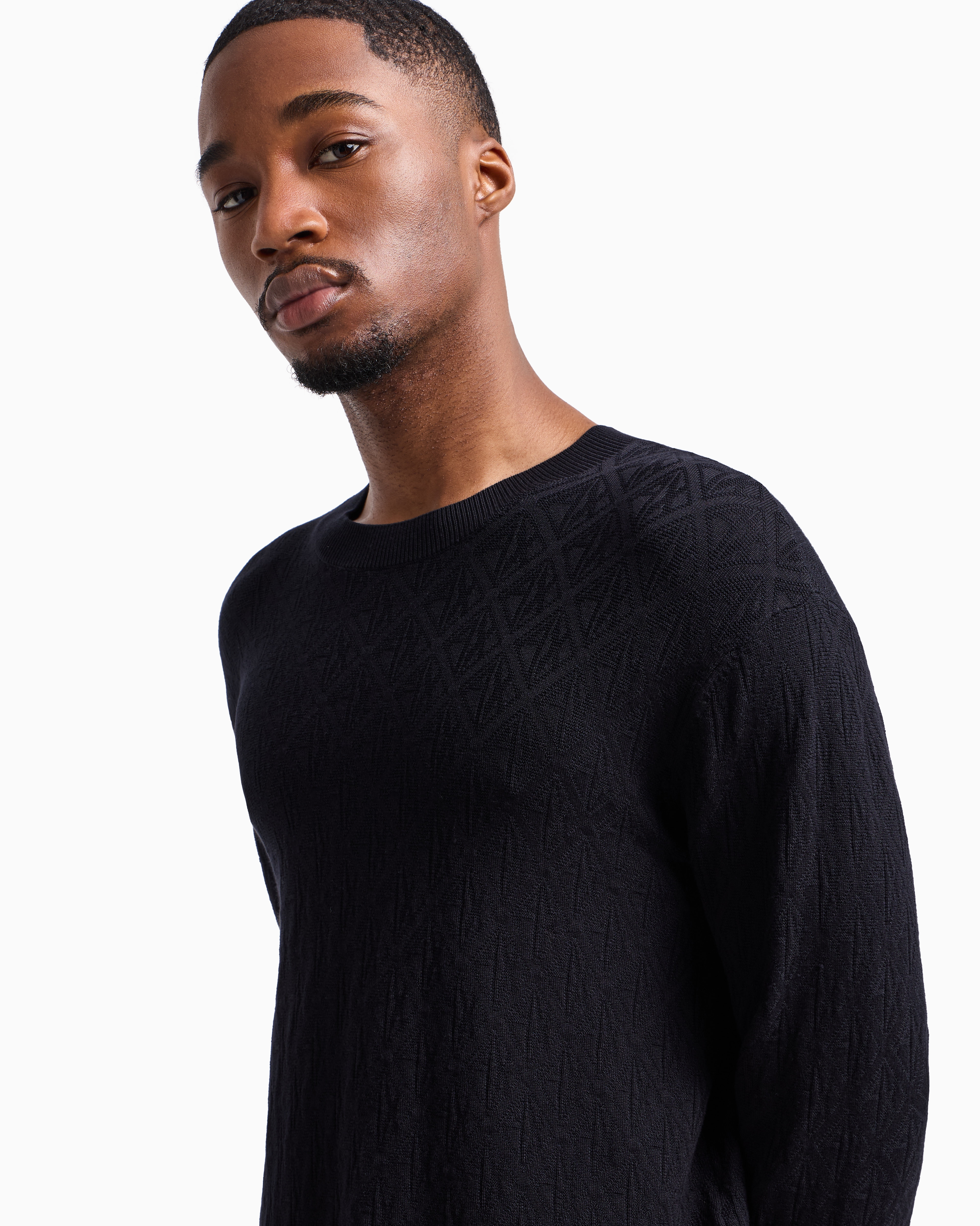 Armani Exchange Asv Tone-on-tone Logo Crewneck Sweater In Navy Blue