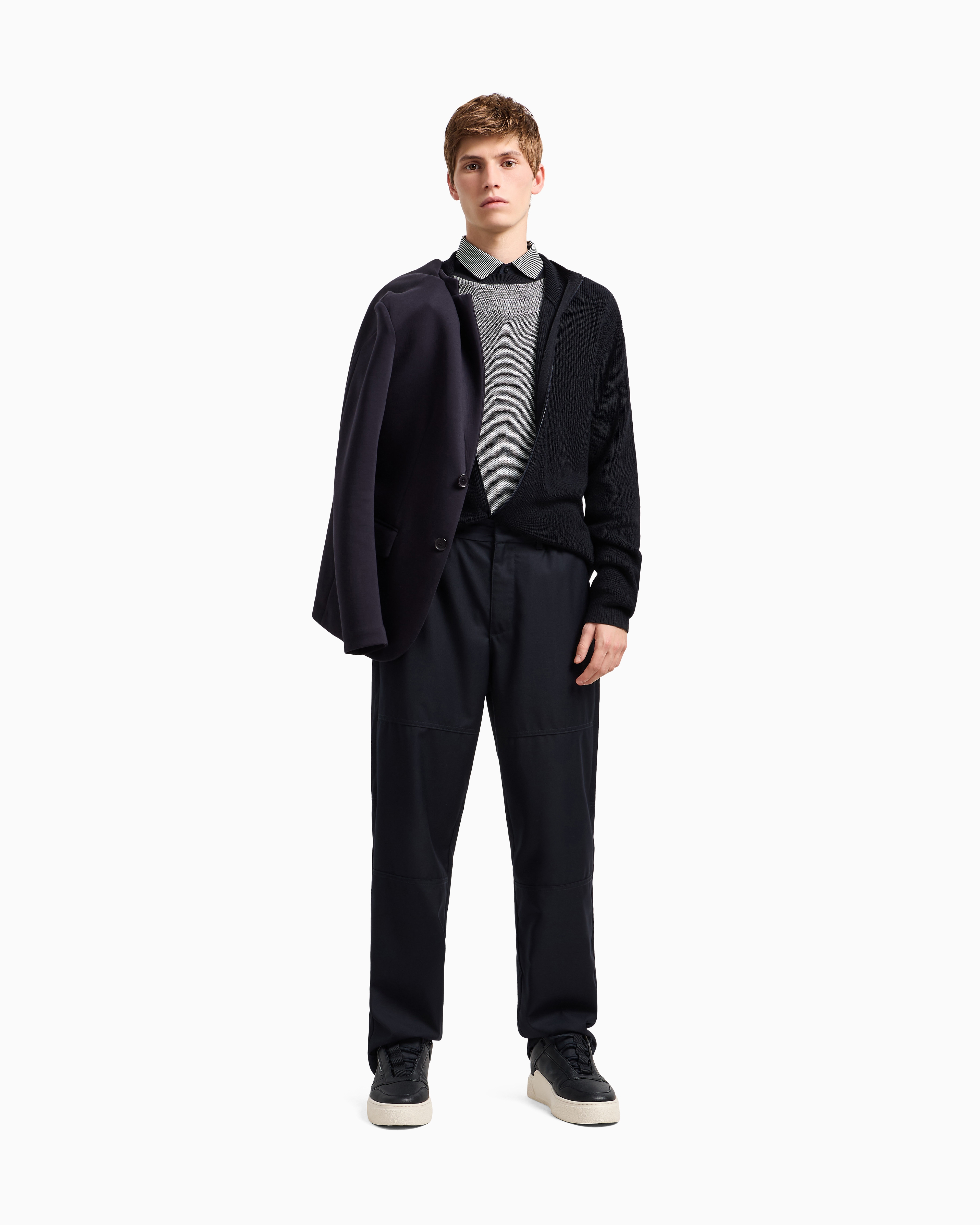 Armani Exchange Full Zip Cardigan In Cotton And Wool Blend With Ribs In Navy Blue