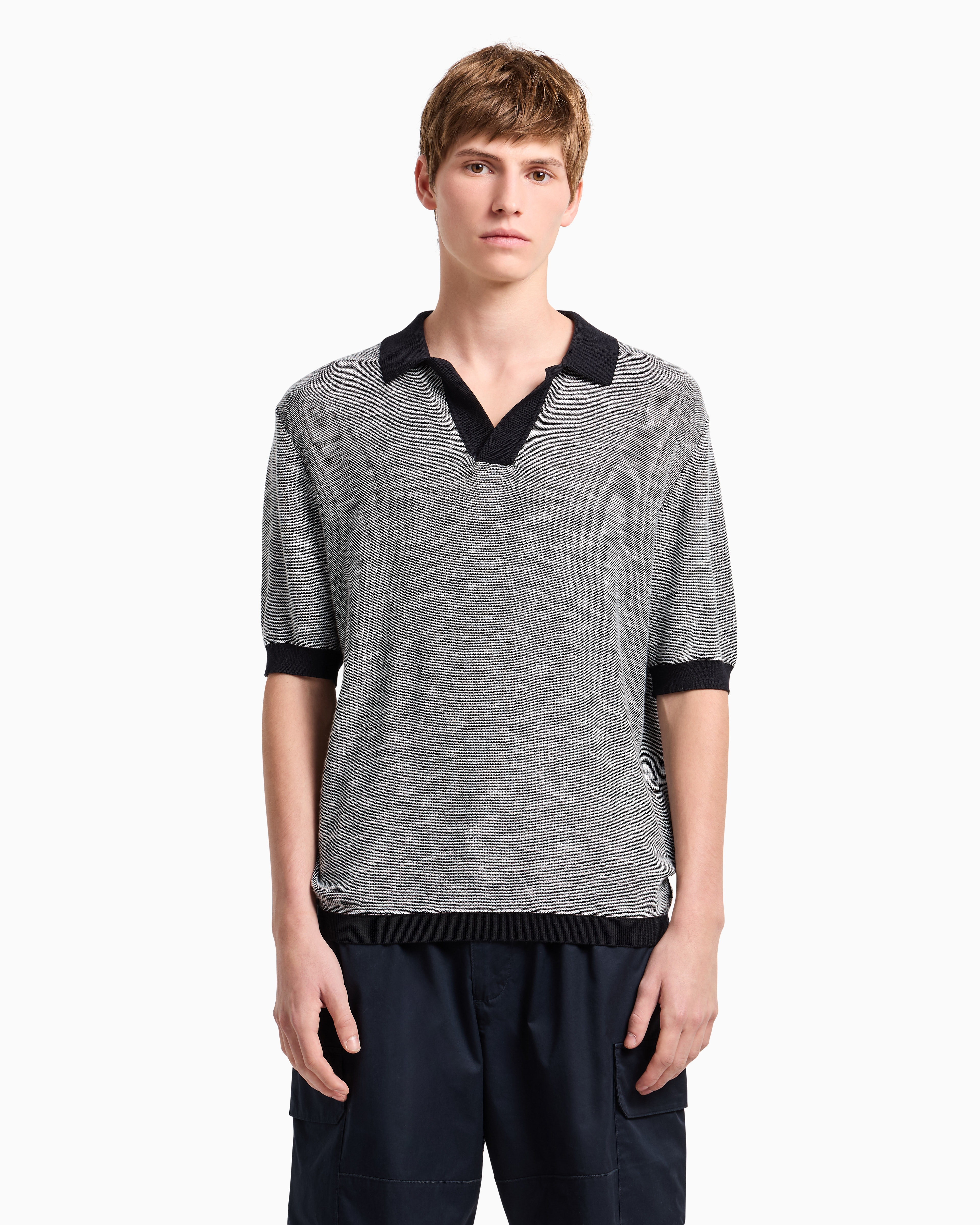 Armani Exchange Short-sleeved Knitted Polo In Melange Cotton In Blue