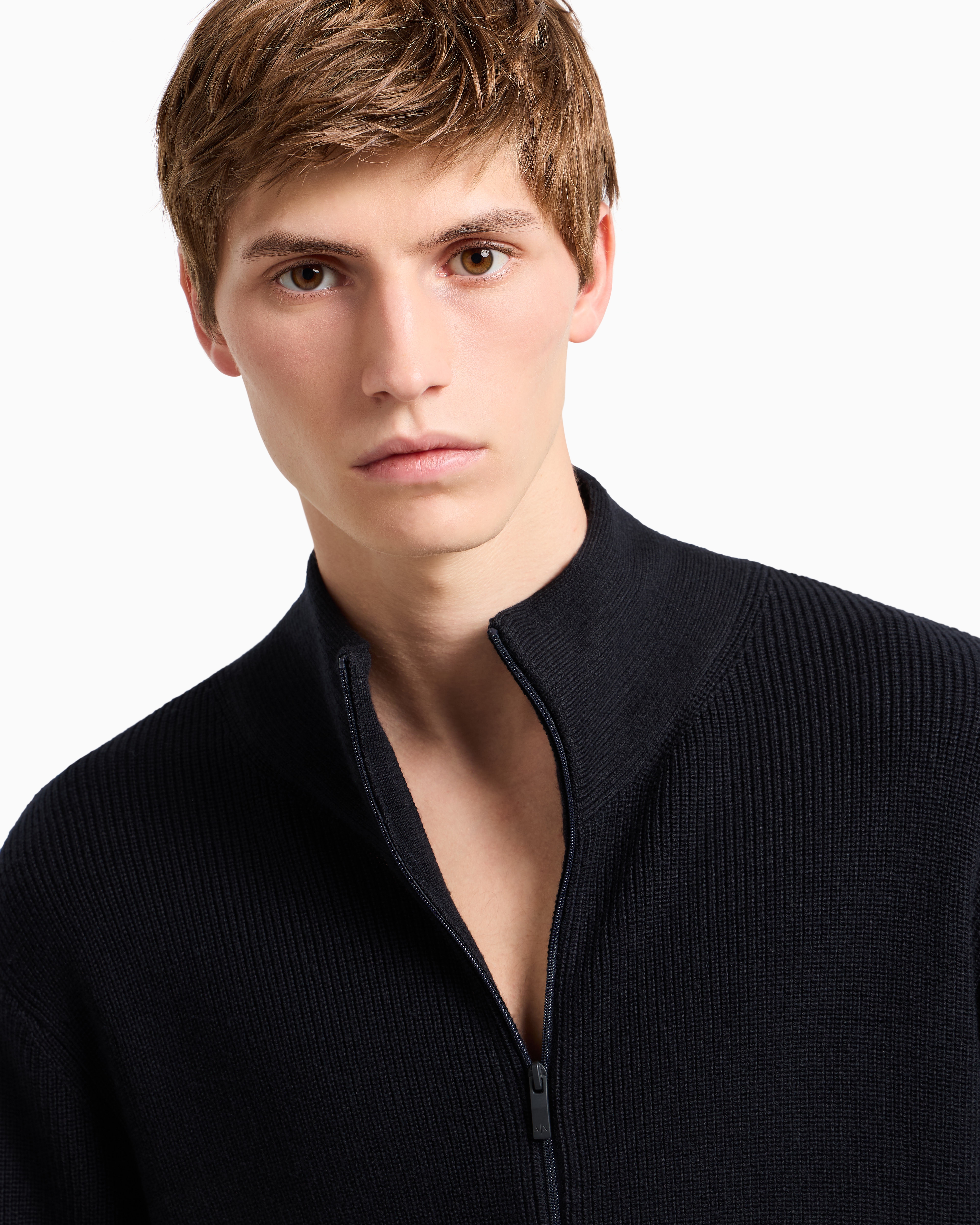 Armani Exchange Full Zip Cardigan In Cotton And Wool Blend With Ribs In Navy Blue