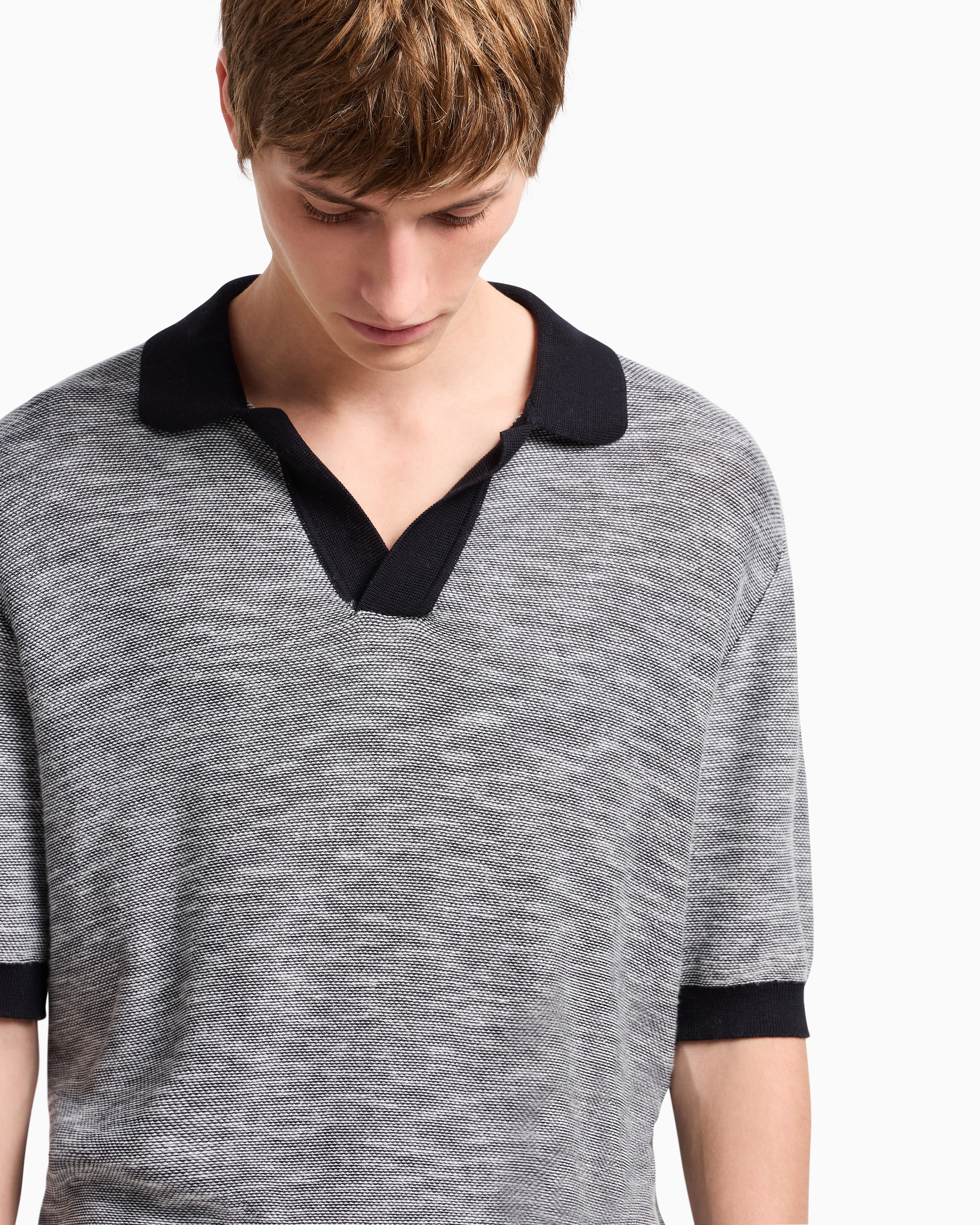 Armani Exchange Short-sleeved Knitted Polo In Melange Cotton In Blue