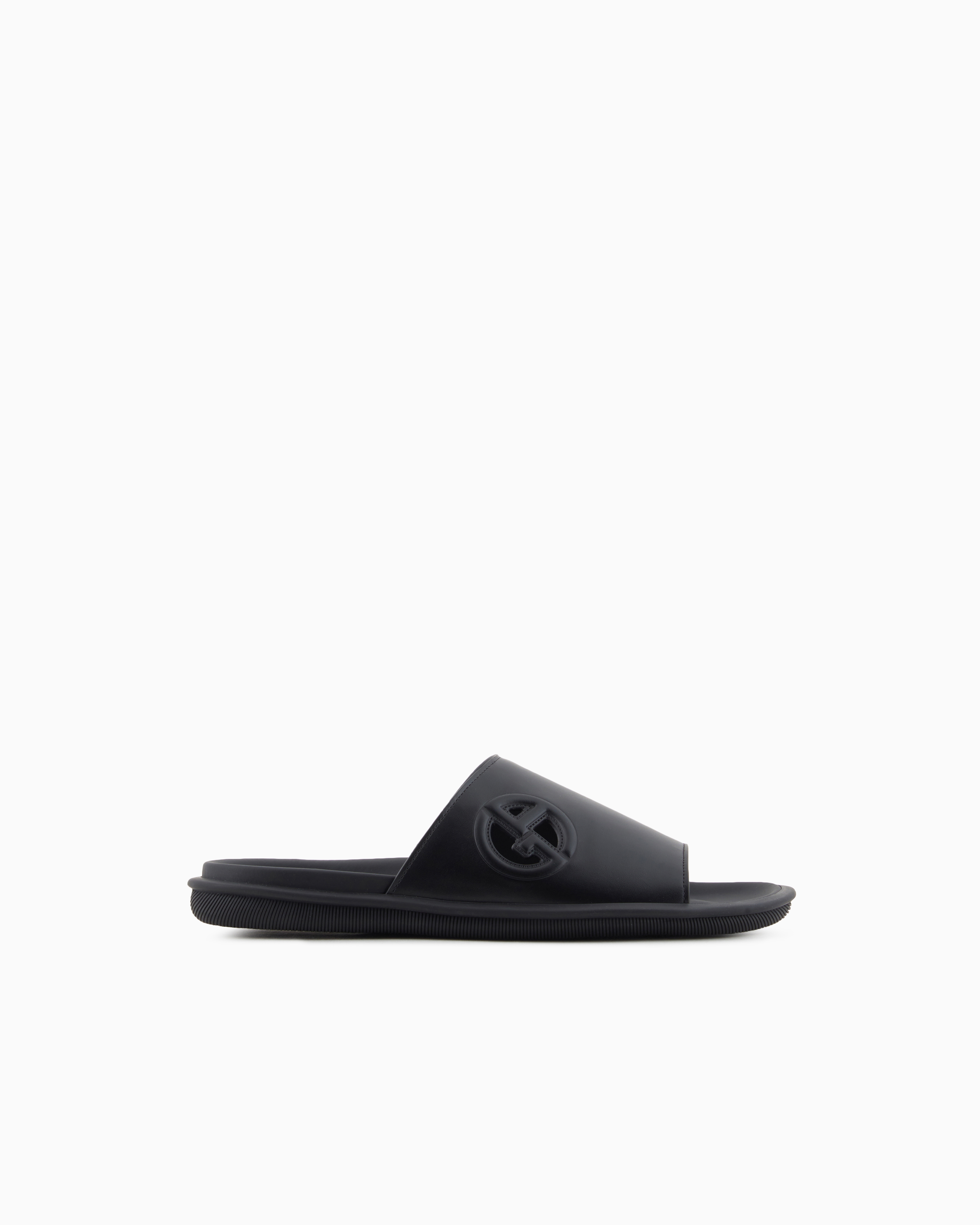 Giorgio Armani Logo Embossed Leather Slides In Black
