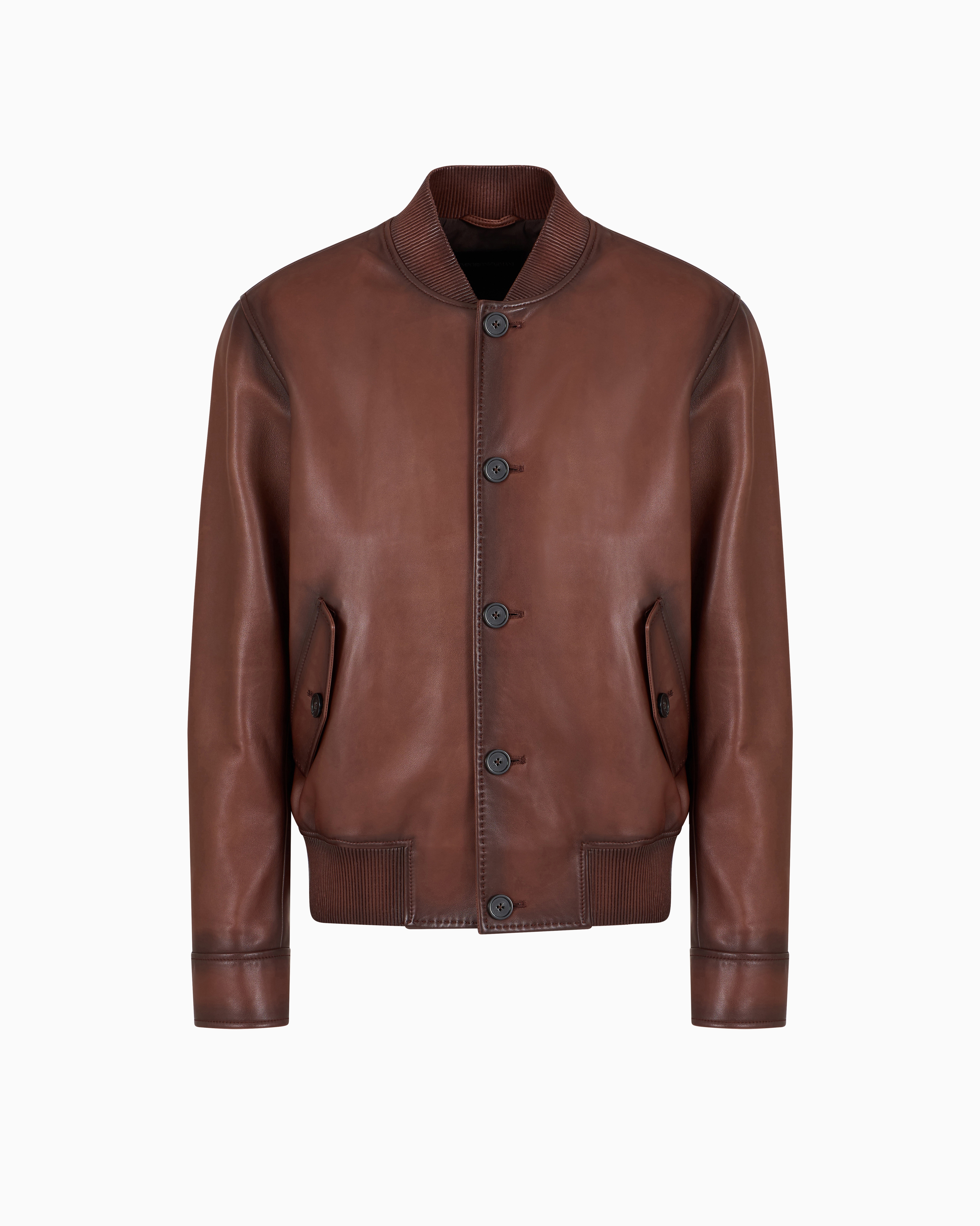 Emporio Armani Regular Fit Button Front Leather Bomber Jacket In Brown