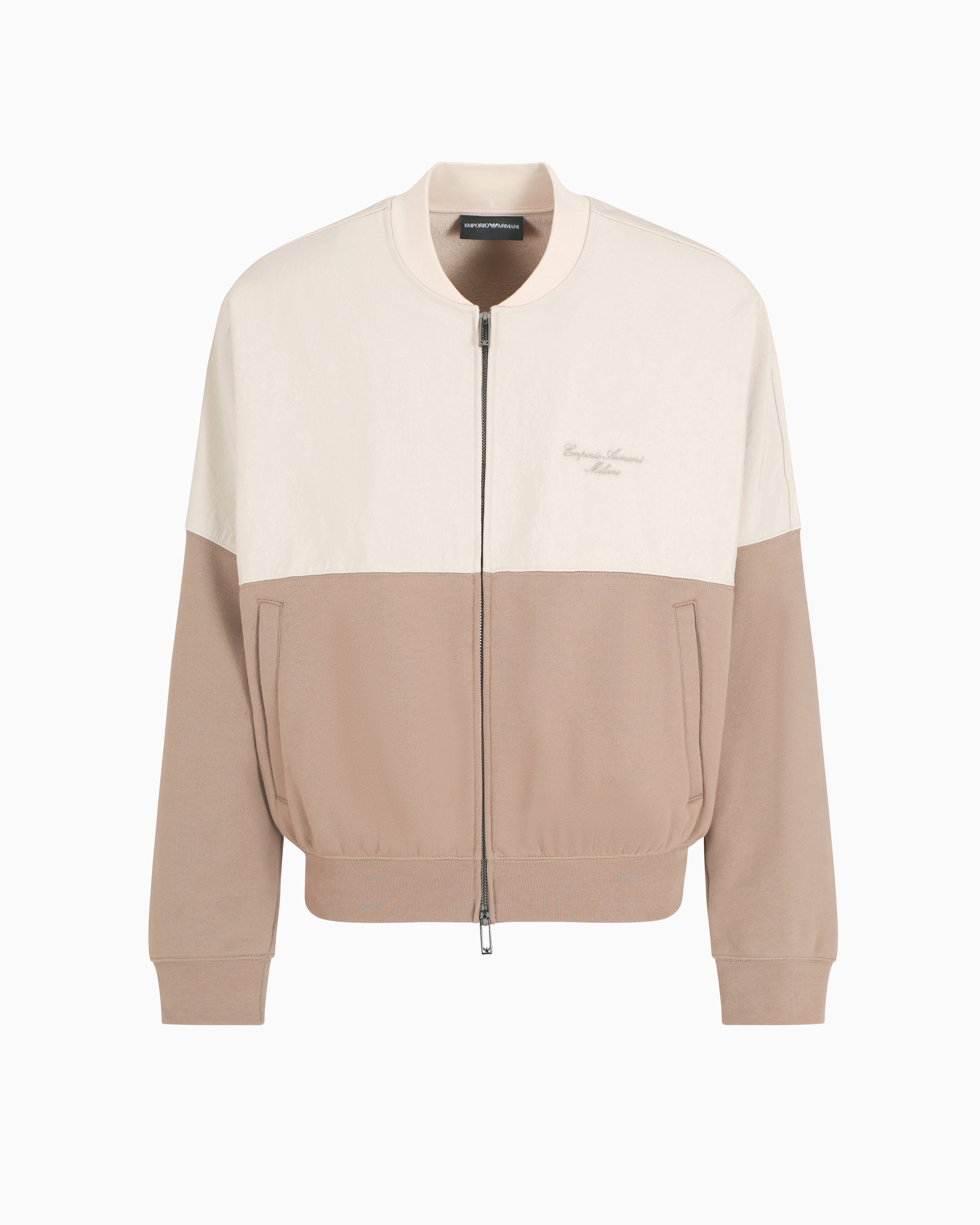 Emporio Armani Zip-up Sweatshirt In Nylon And French Terry Jersey With Logo Embroidery In Beige