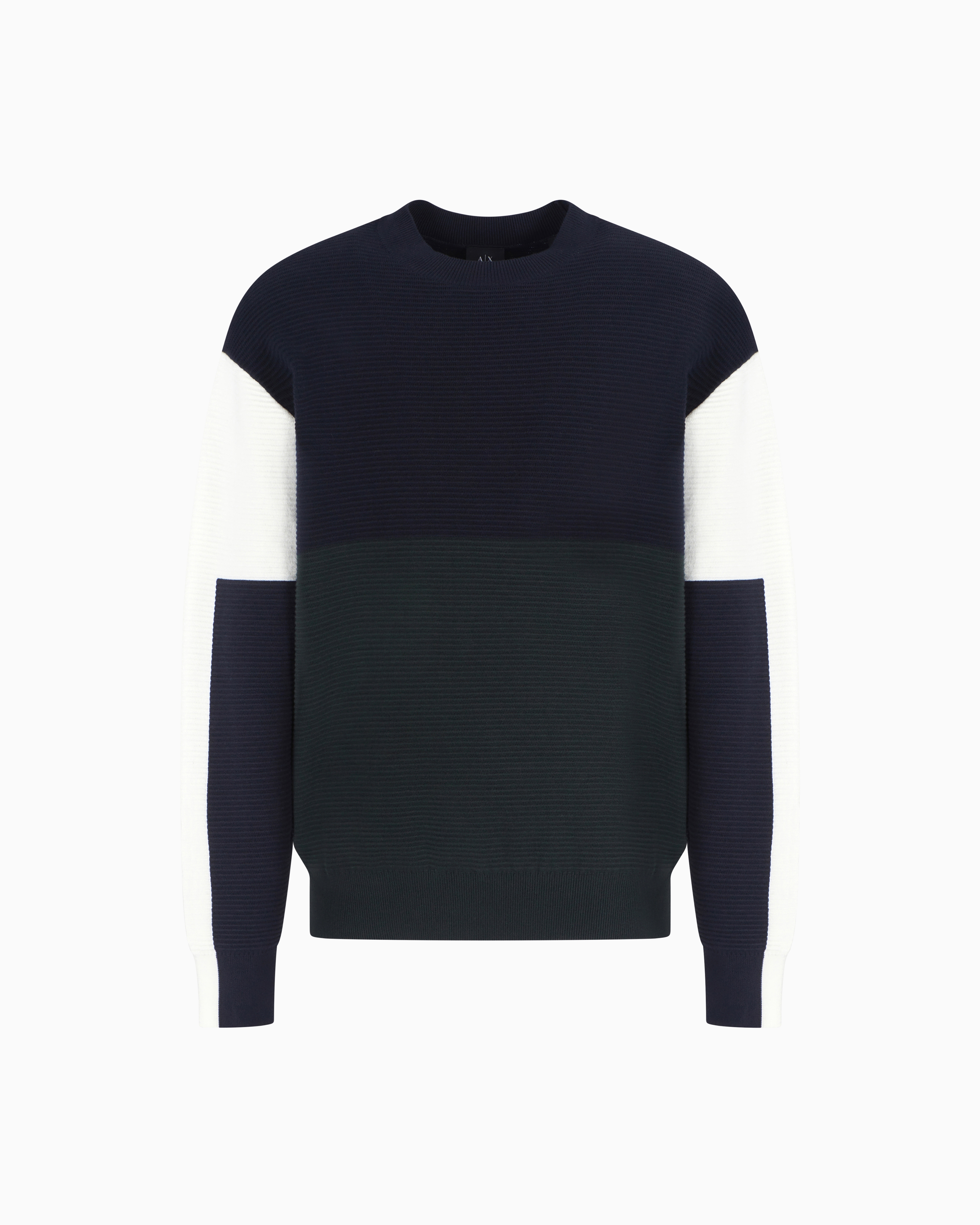 Armani Exchange Color Block Ribbed Crew Neck Sweater In Blue