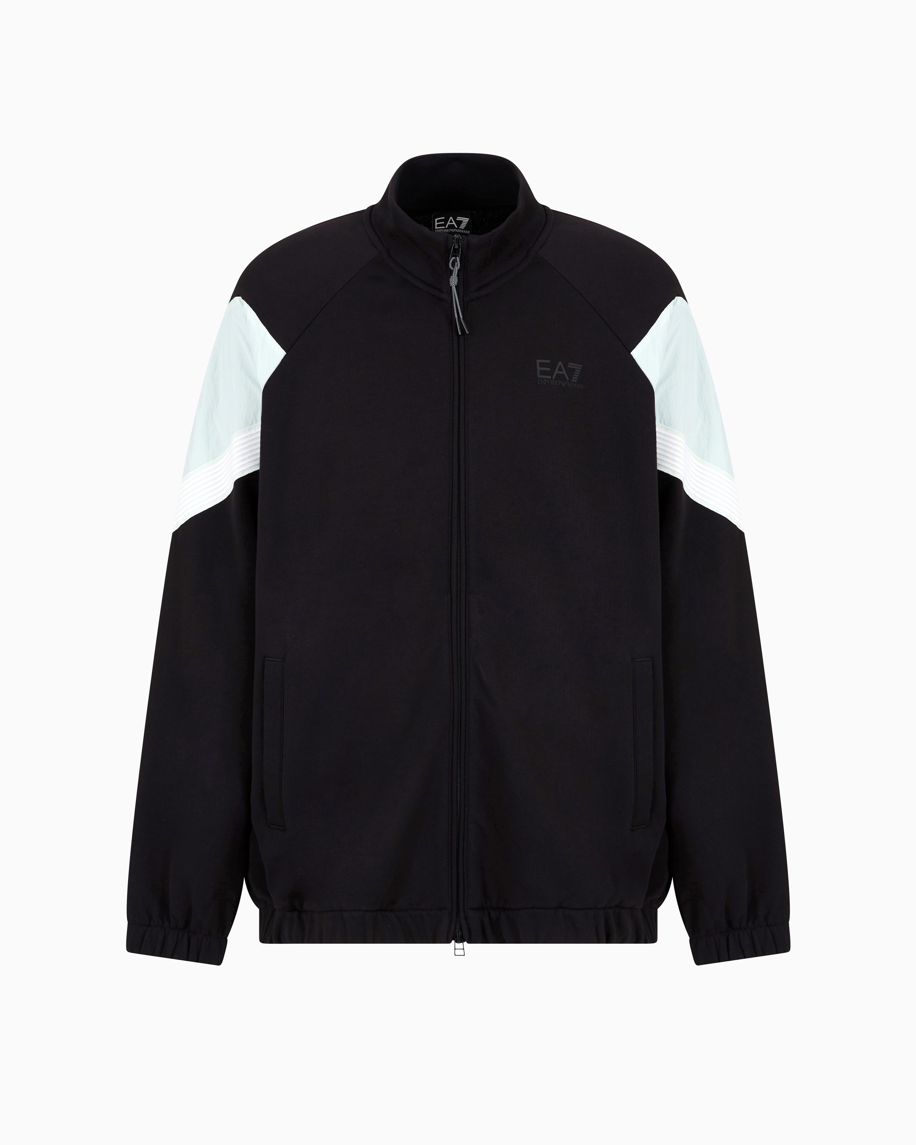 Ea7 7 Lines Cotton Jersey Zip-up Sweatshirt In Black