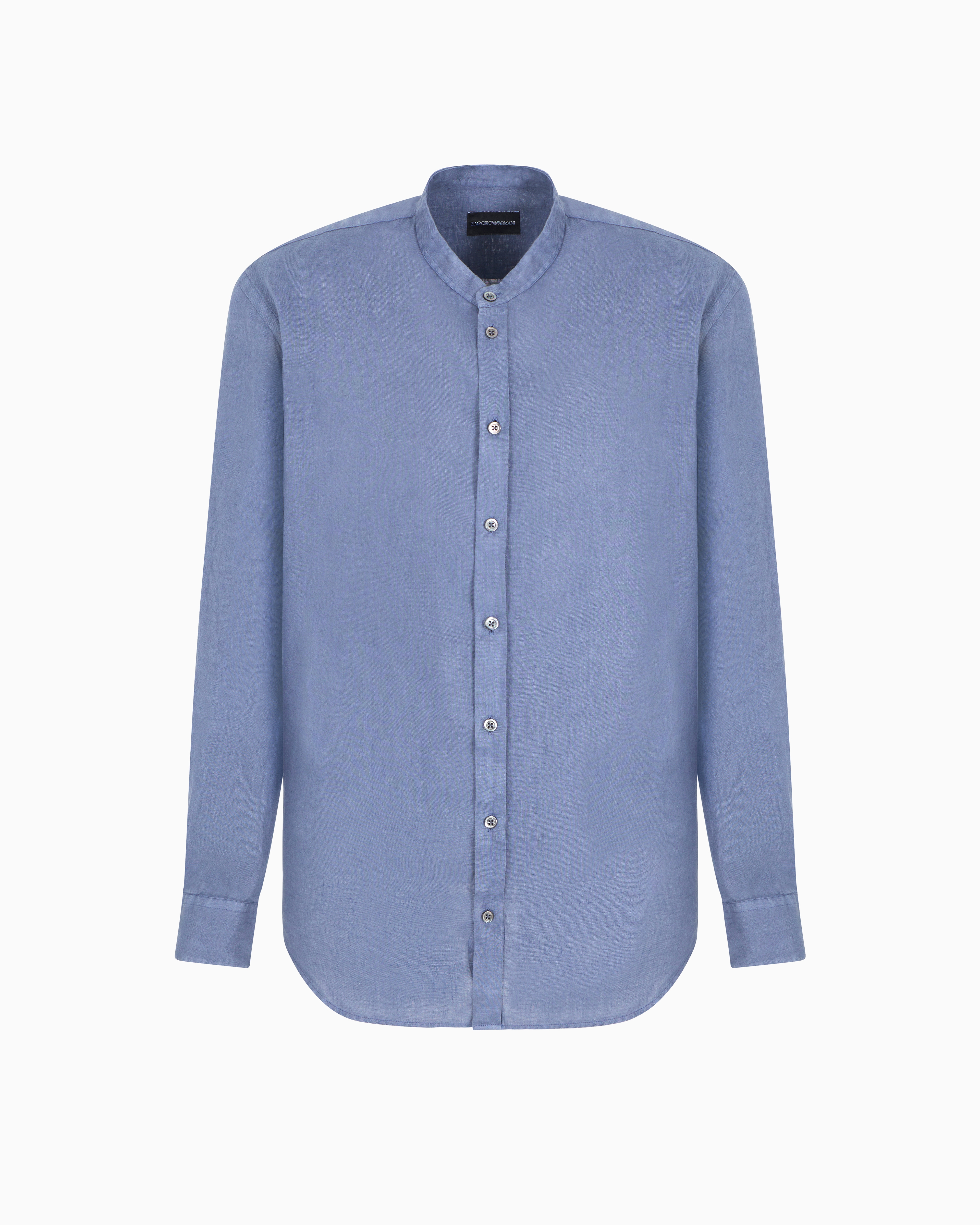 EMPORIO ARMANI GARMENT-DYED LINEN SHIRT WITH GURU COLLAR