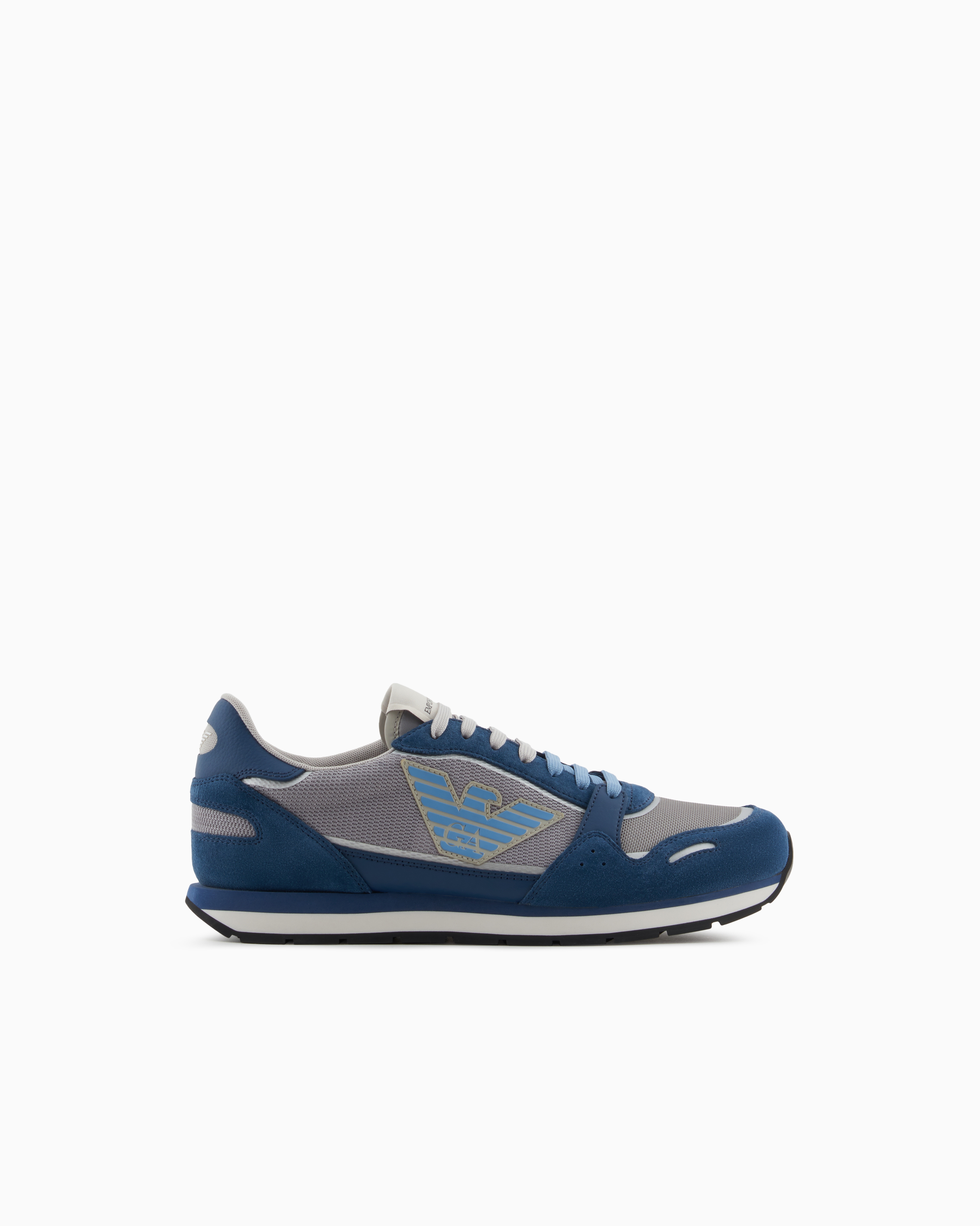 Emporio Armani Mesh Sneakers With Suede Details And Eagle Patch In Blue