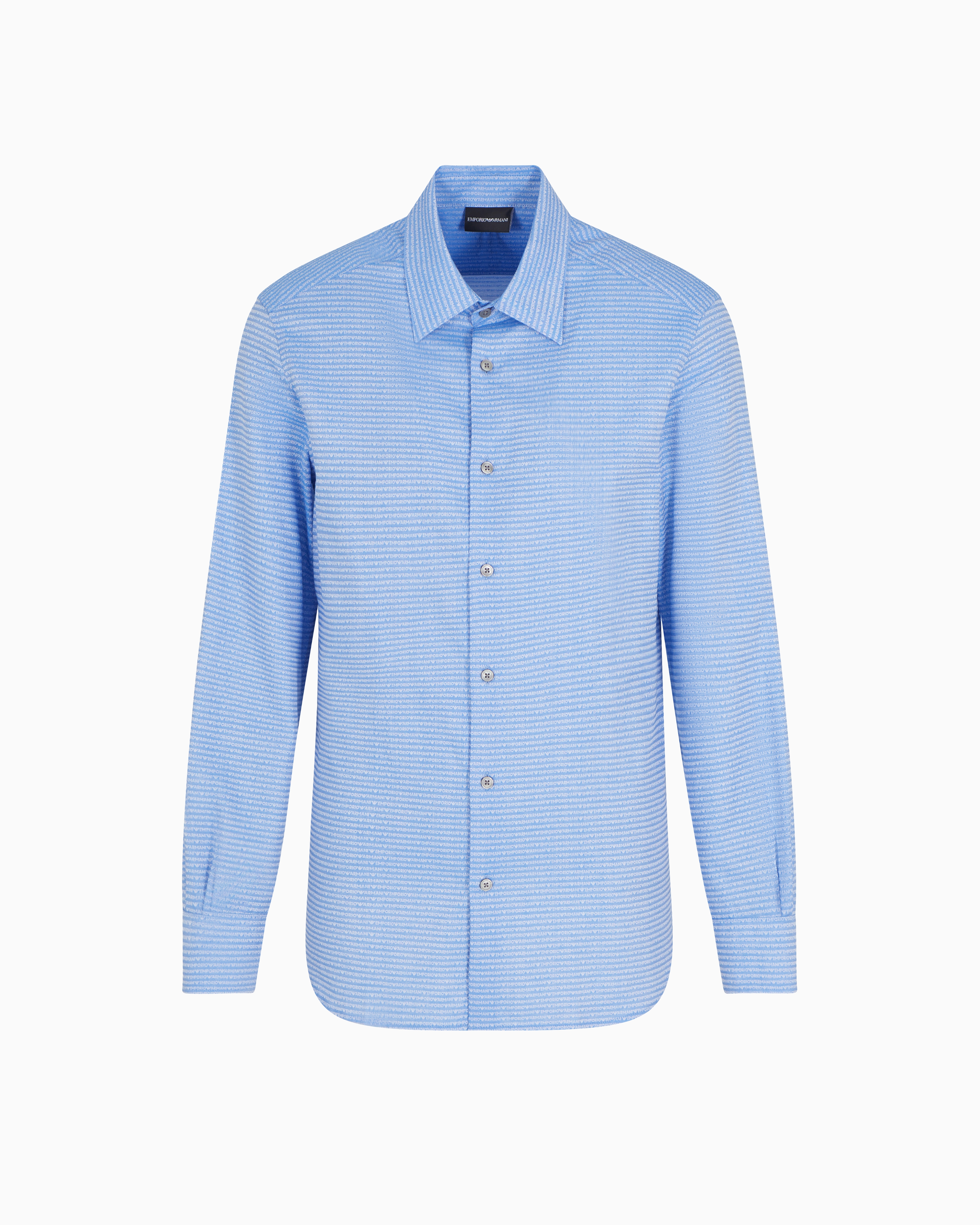 Emporio Armani Long Sleeve Lapel Shirt With All Over Logo Jacquard In Blue
