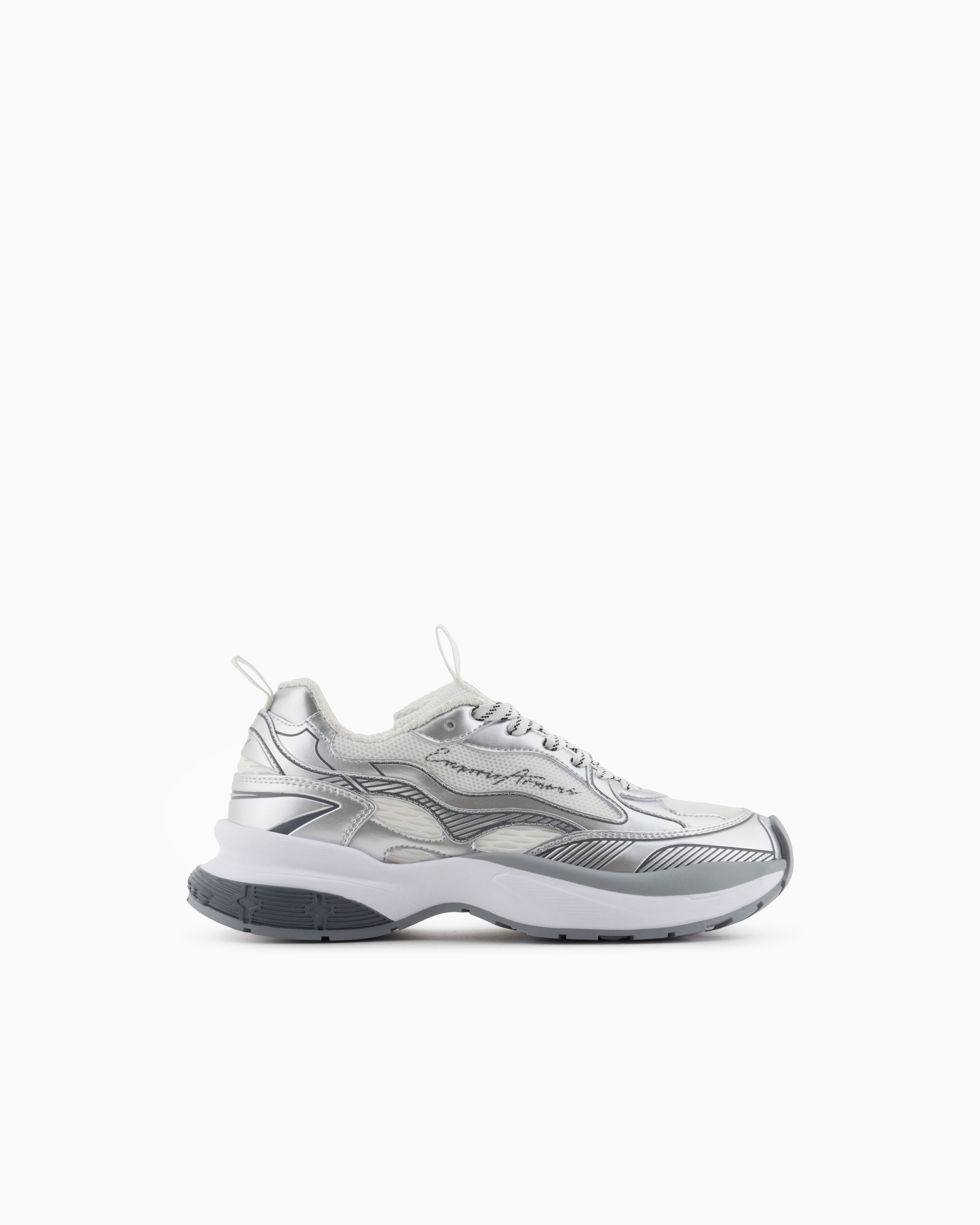 Emporio Armani Mesh Sneakers With Laminated Details And Signature Logo In Silver