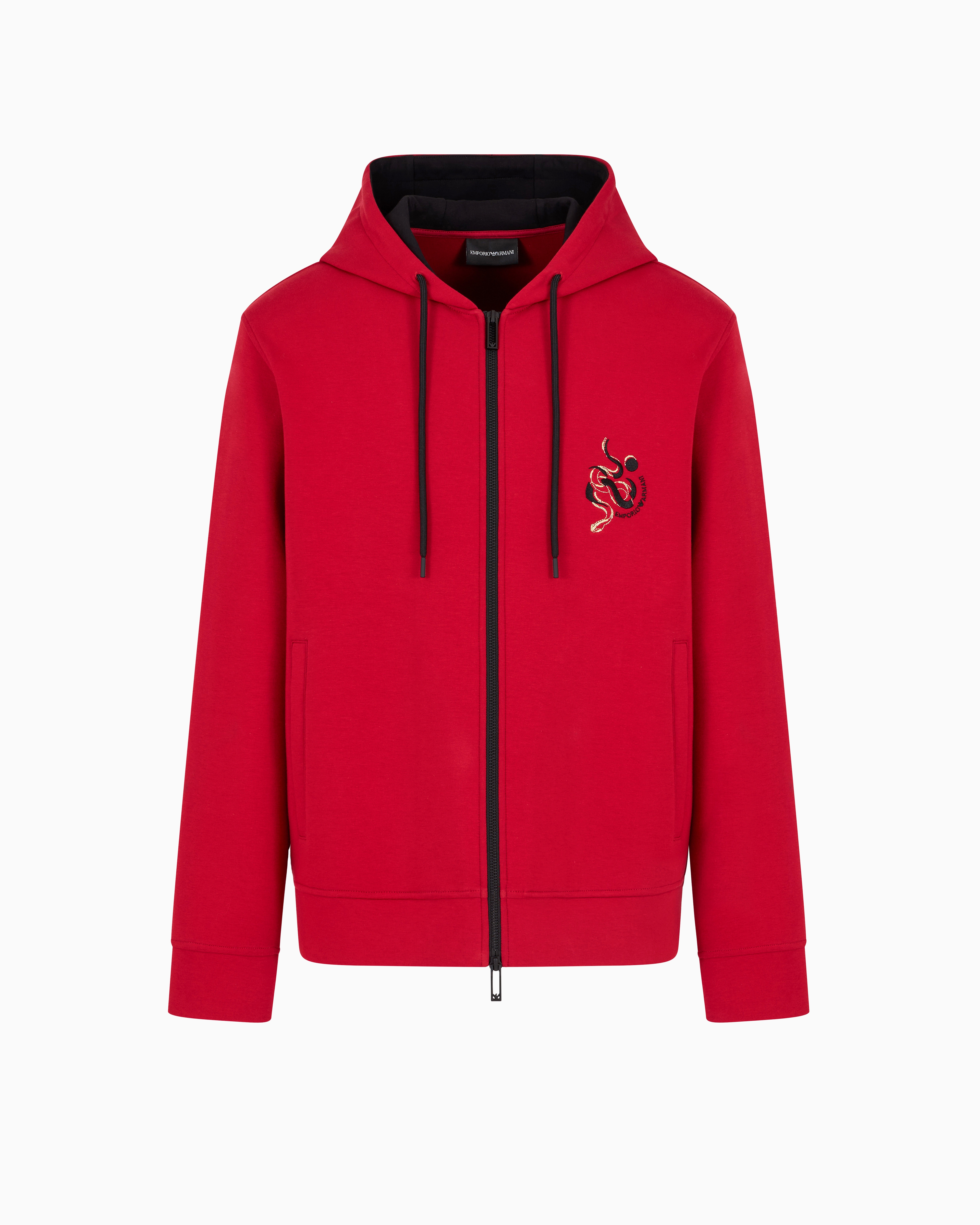 Emporio Armani Double-jersey Hooded Zip Sweatshirt With Lunar New Year Embroidery In Red