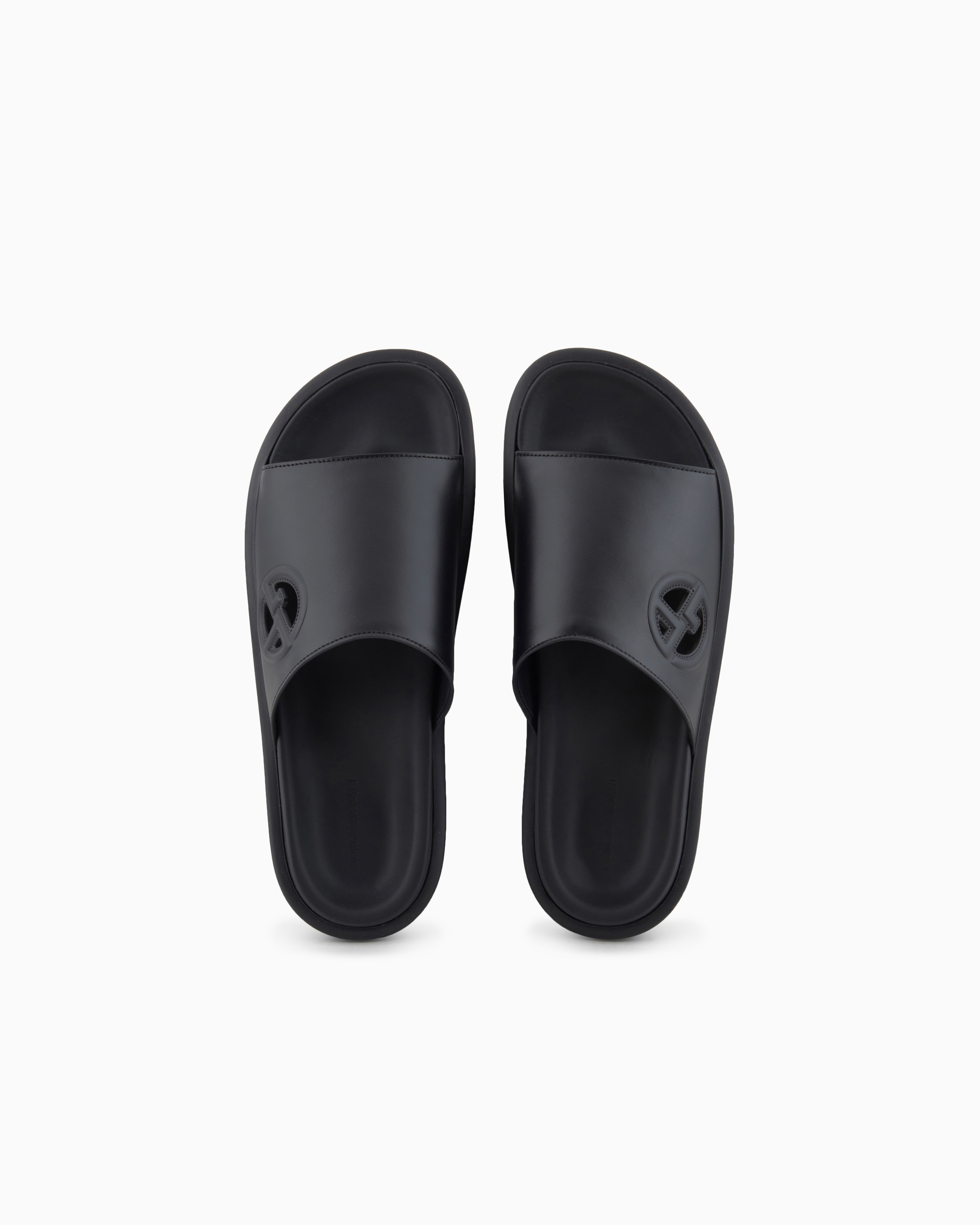 Giorgio Armani Logo Embossed Leather Slides In Black
