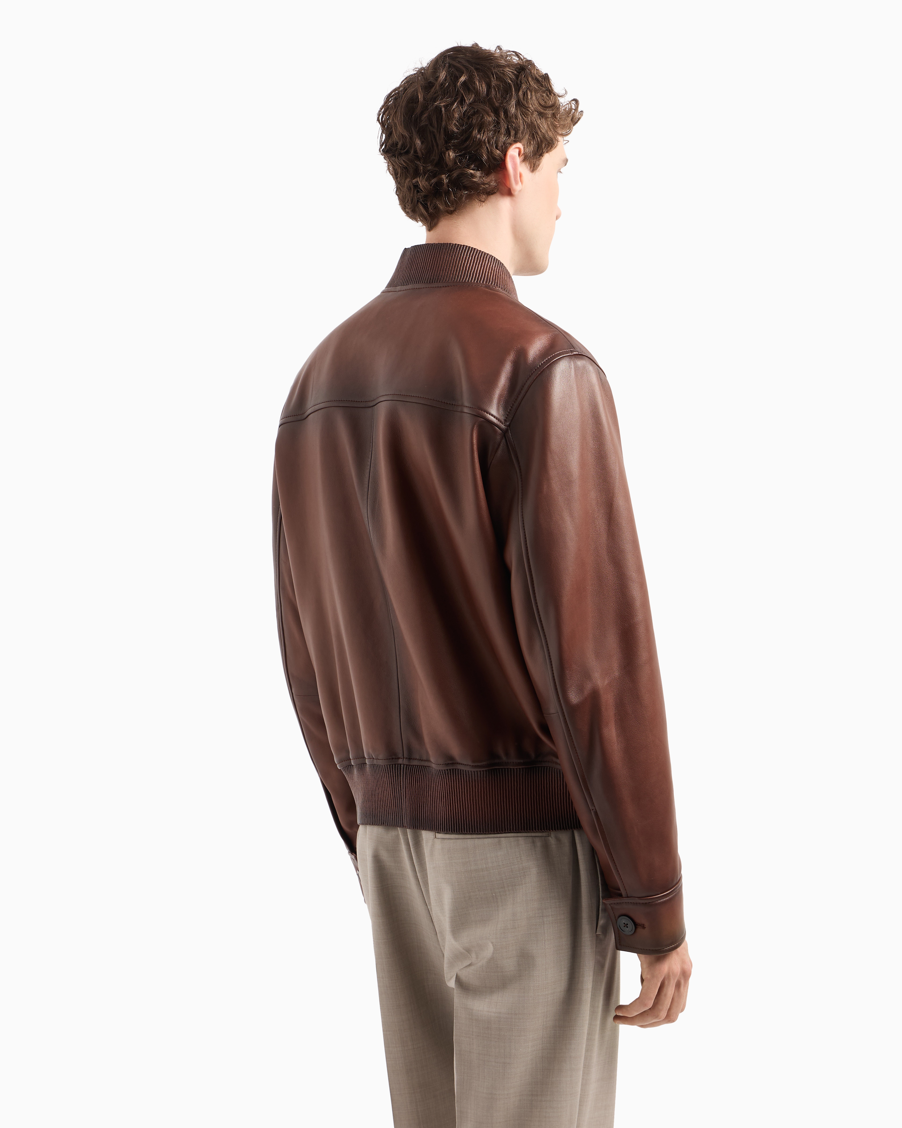 Emporio Armani Regular Fit Button Front Leather Bomber Jacket In Brown