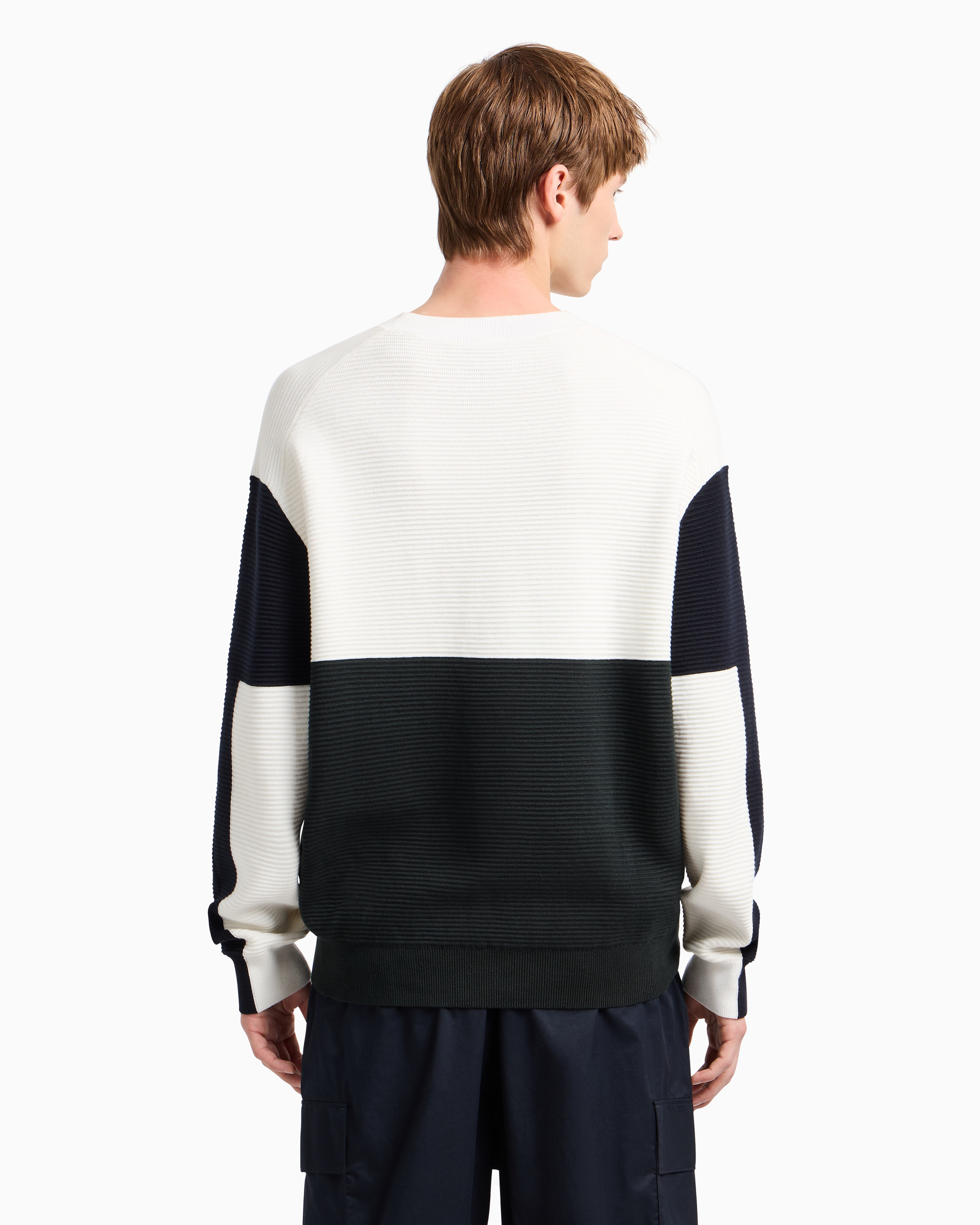 Armani Exchange Color Block Ribbed Crew Neck Sweater In White