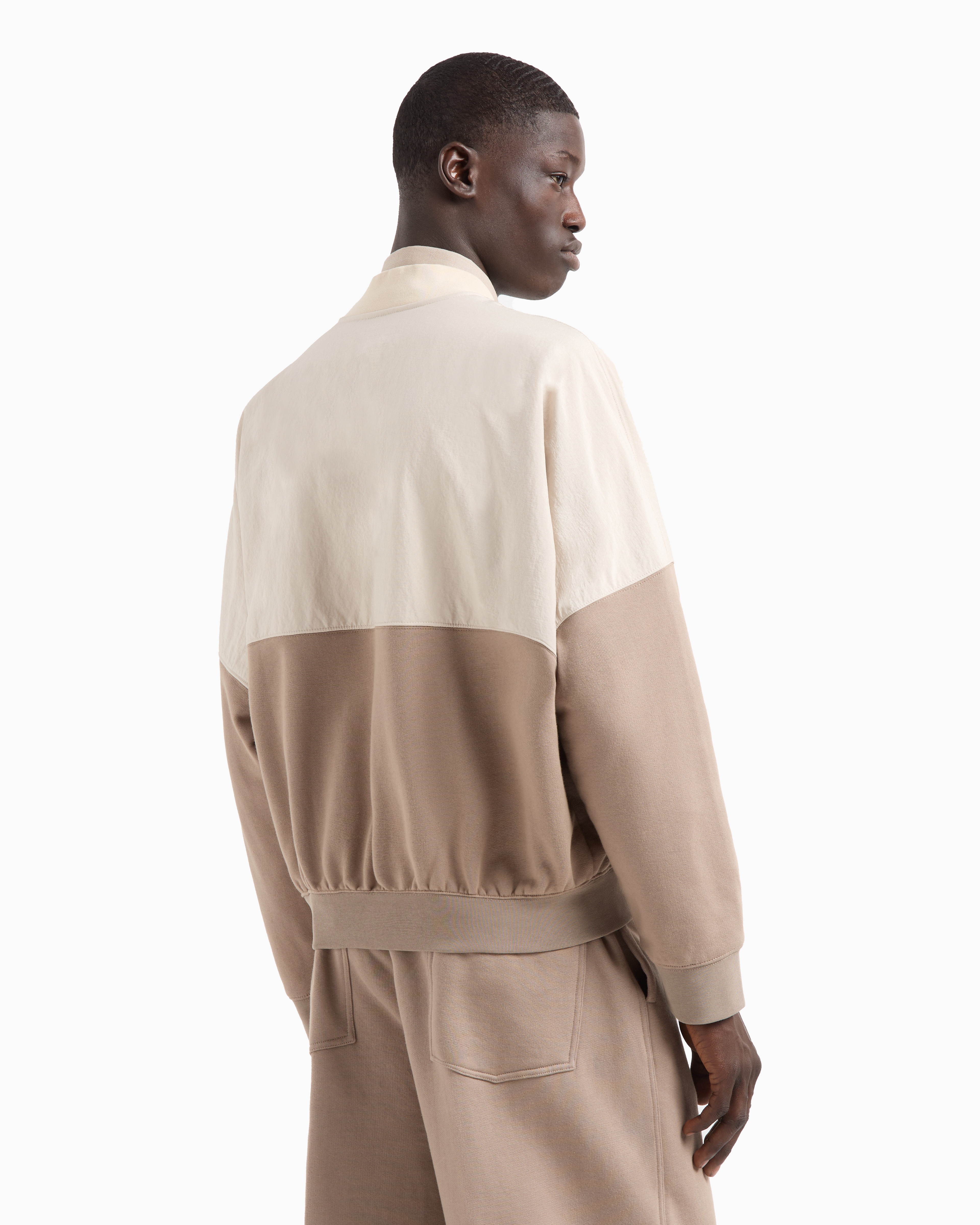 Emporio Armani Zip-up Sweatshirt In Nylon And French Terry Jersey With Logo Embroidery In Beige