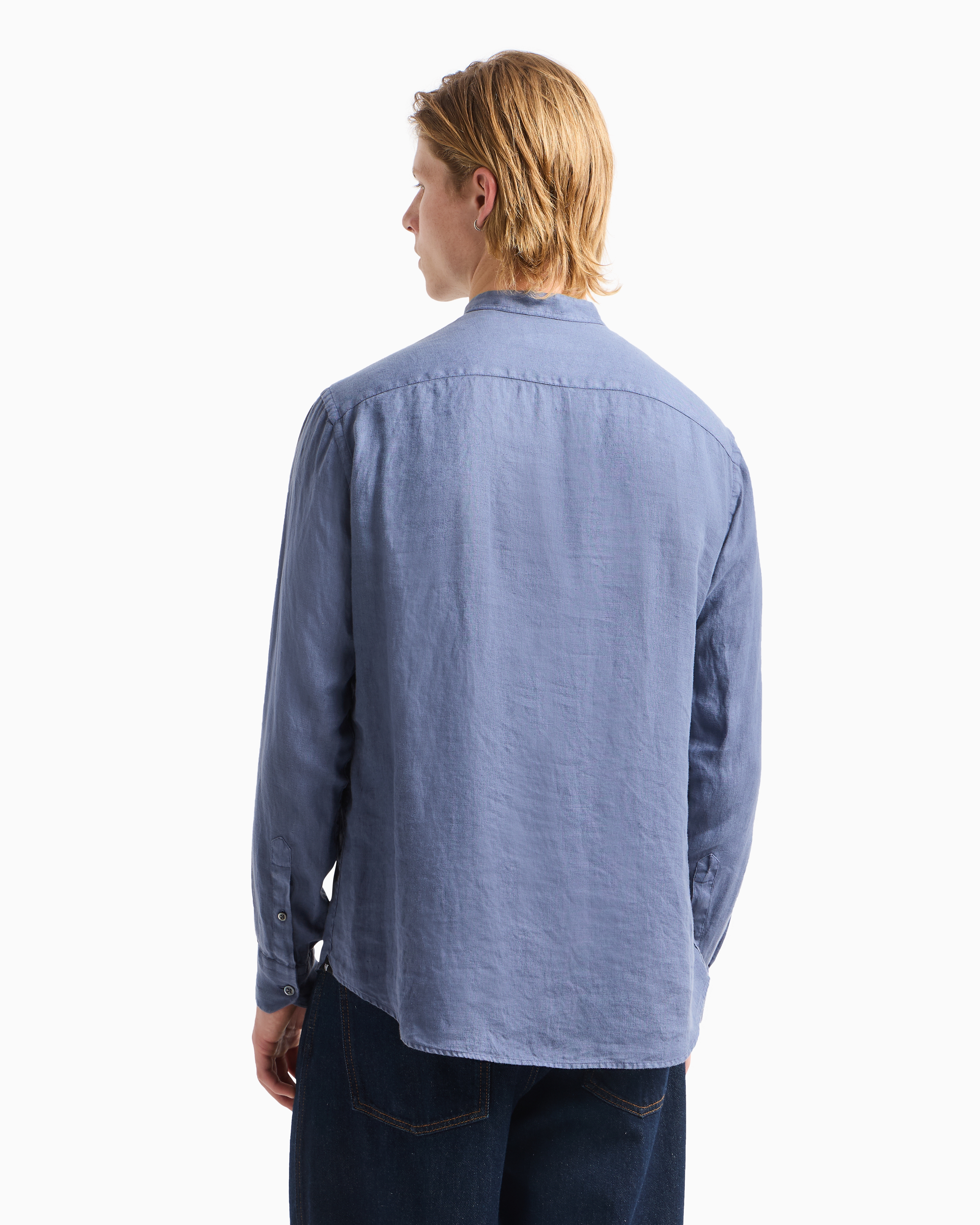EMPORIO ARMANI GARMENT-DYED LINEN SHIRT WITH GURU COLLAR