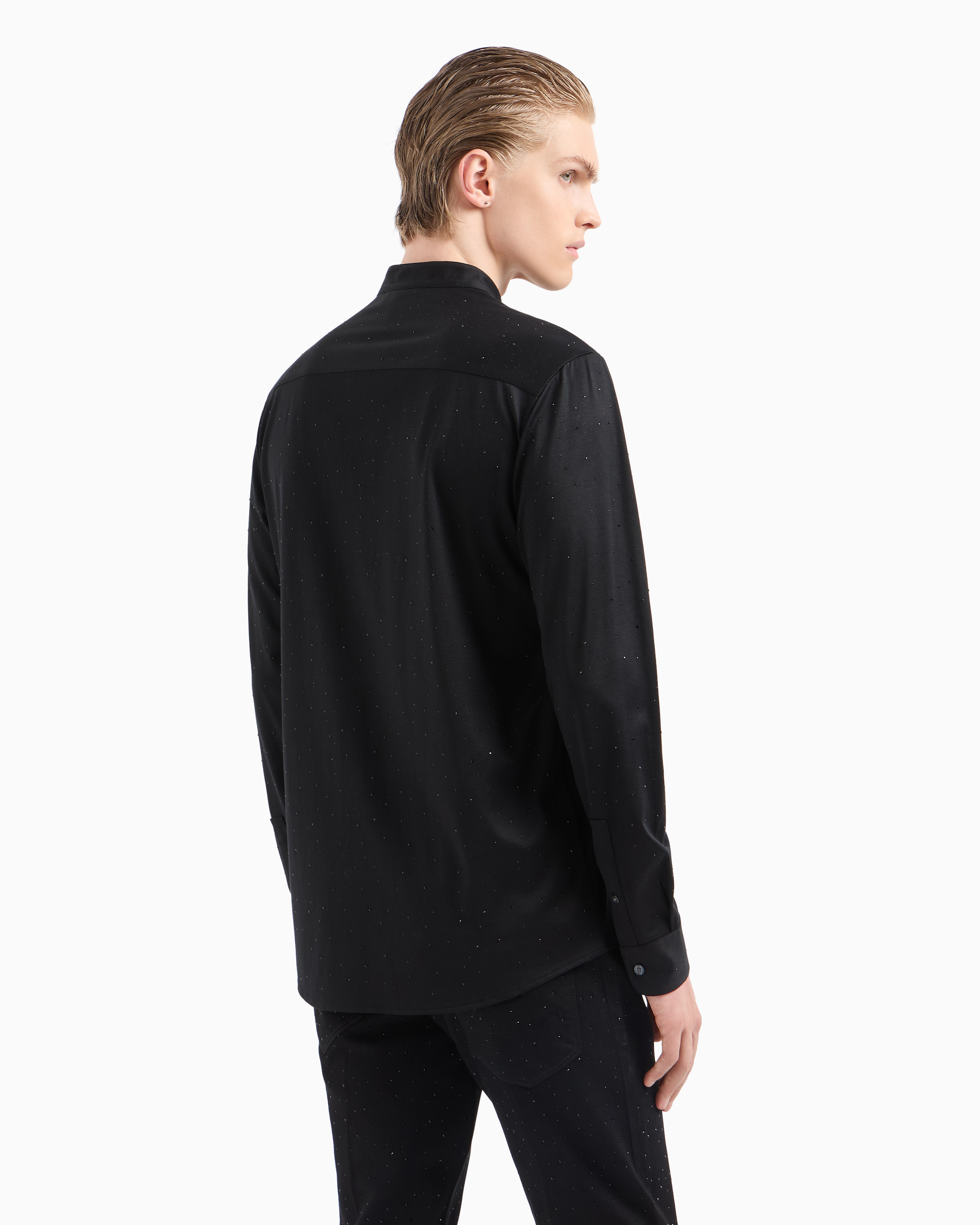 EMPORIO ARMANI ASV CLUBWEAR GURU-COLLAR SHIRT IN A LYOCELL BLEND JERSEY WITH ALL-OVER RHINESTONES