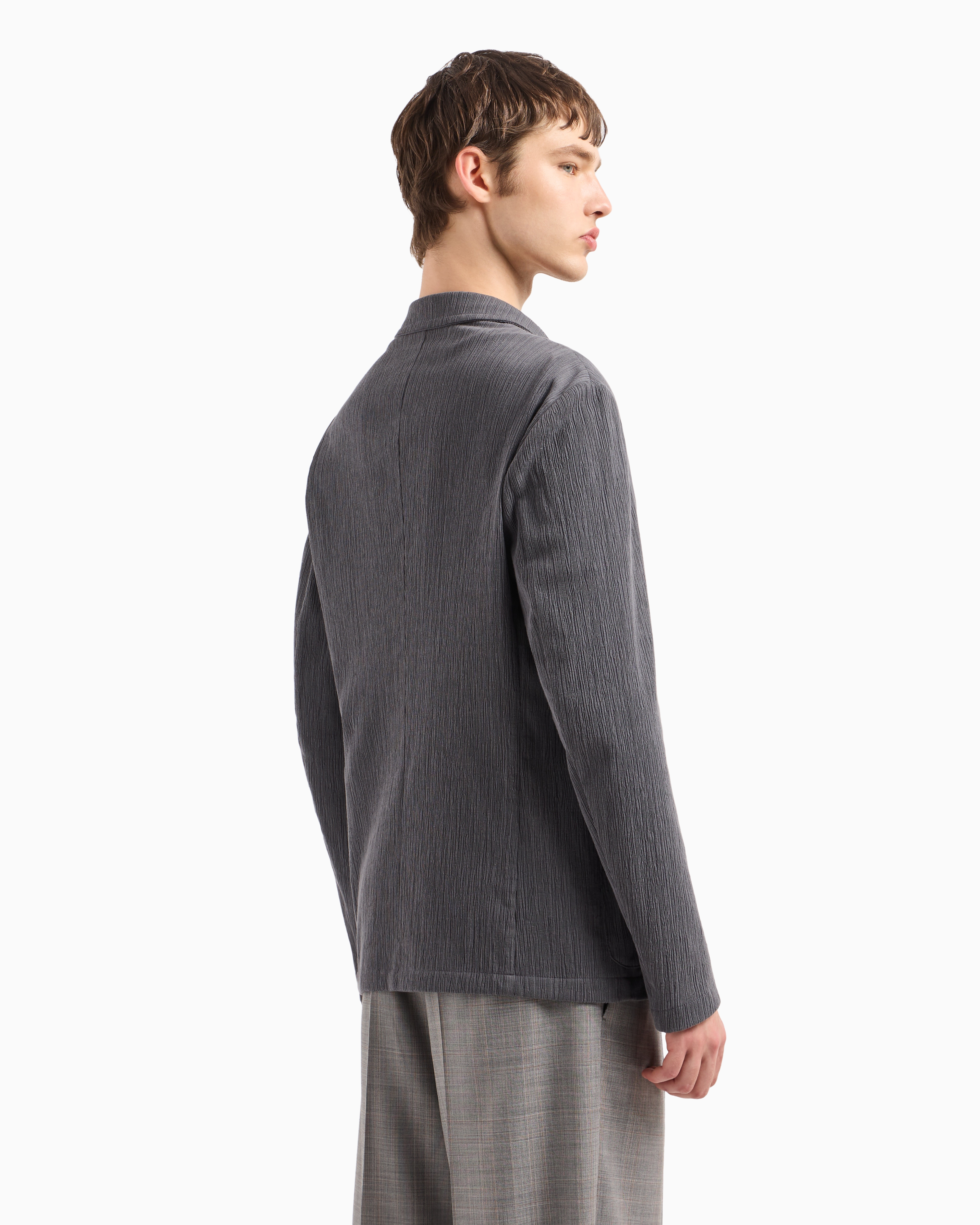 Emporio Armani Guru-collar Jacket With Off-centre Fastening In Bark-effect Armure Fabric In Gray