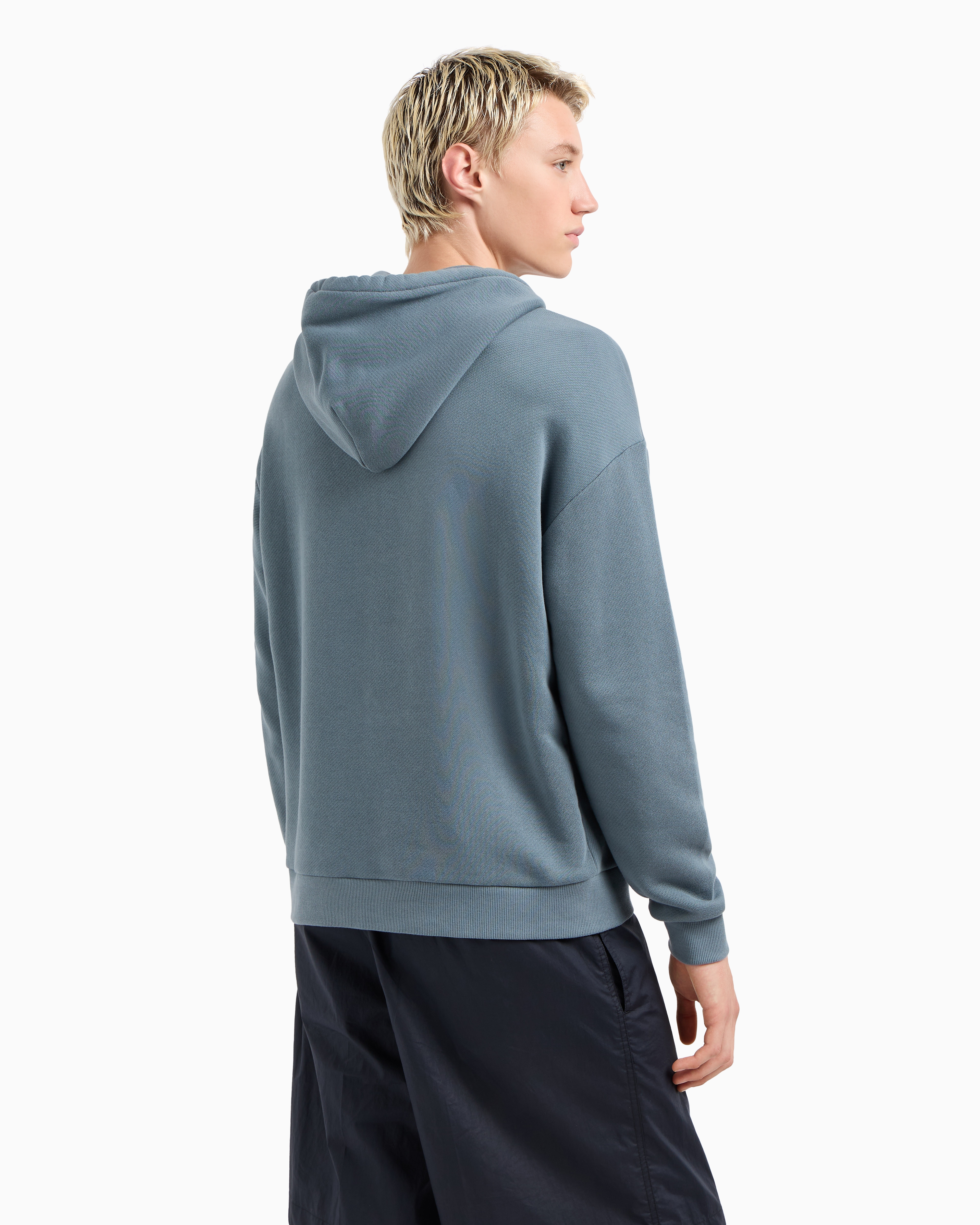 Emporio Armani Jersey Hooded Sweatshirt With Dragonfly Print And Embroidery In Blue