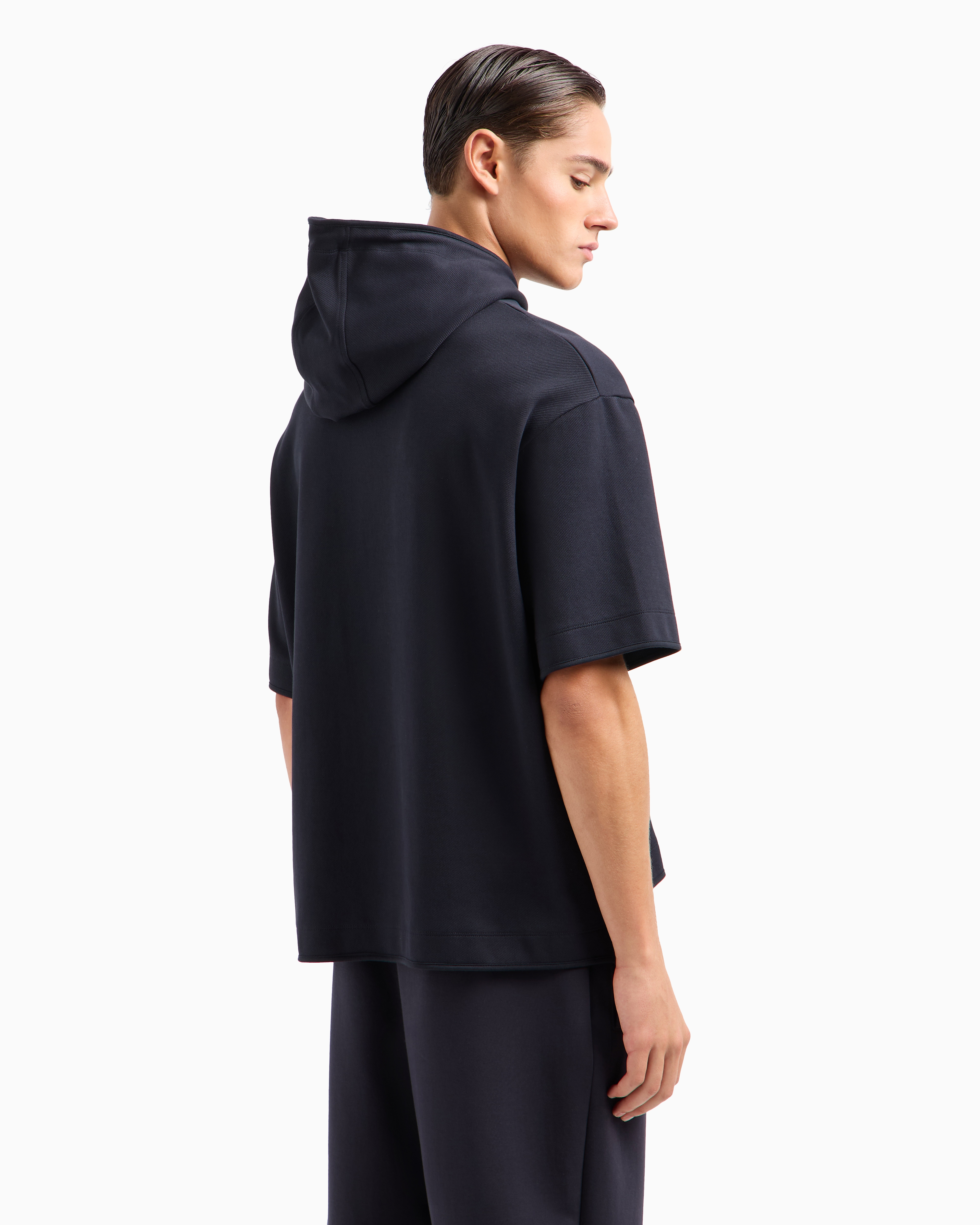 Emporio Armani Ribbed Short Sleeve Hoodie In Navy Blue